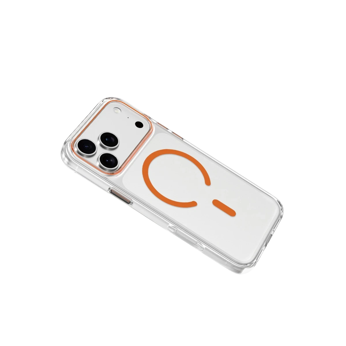 Siyah arka plan üzerinde turuncu manyetik halka logolu şeffaf telefon kılıfı.