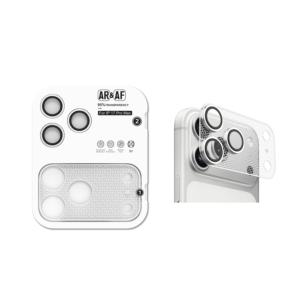 AR&AF logolu ve %95 şeffaflıklı beyaz iPhone kamera lens koruyucu.