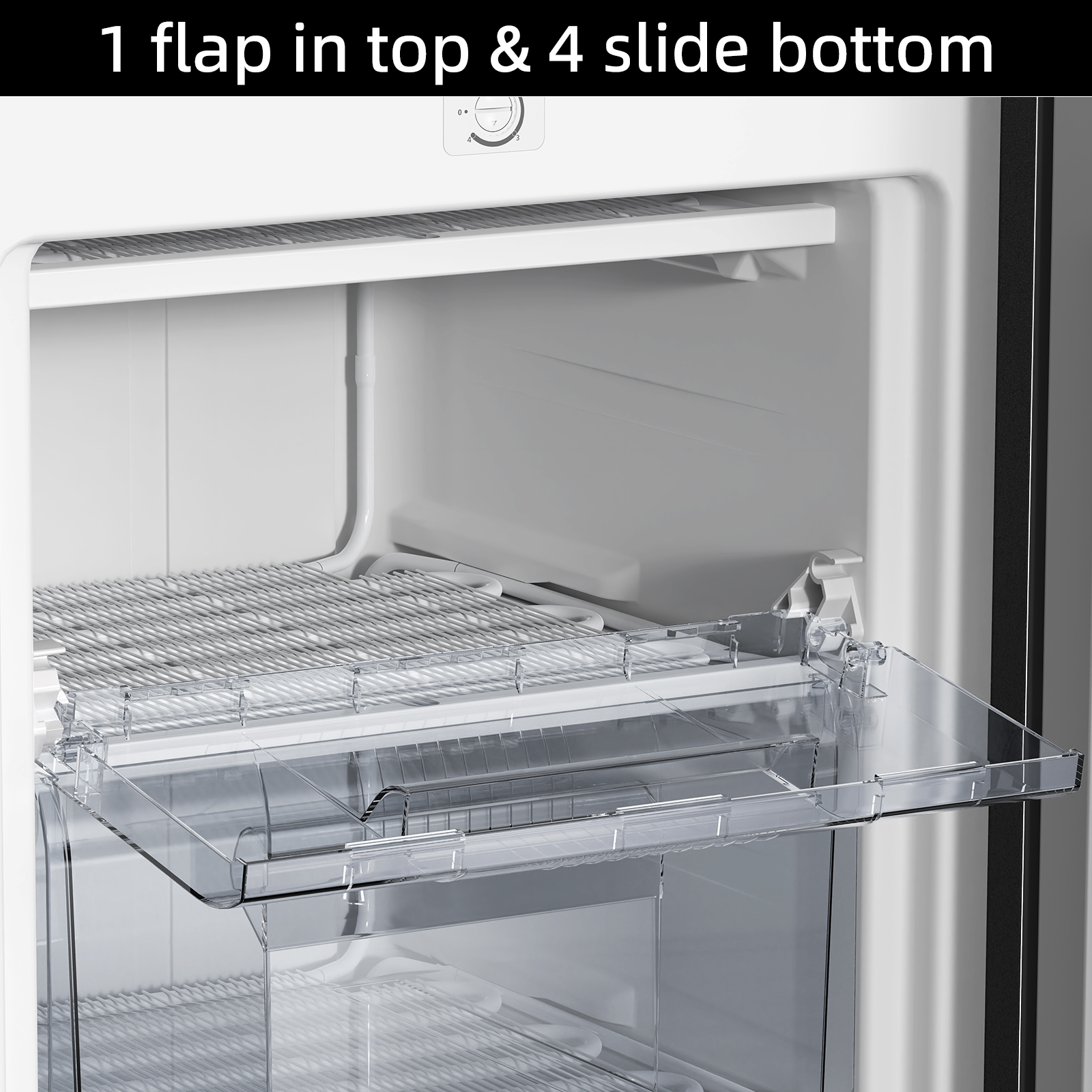 Compartimento de frigorífico con una puerta abatible arriba y cuatro cajones deslizantes abajo.