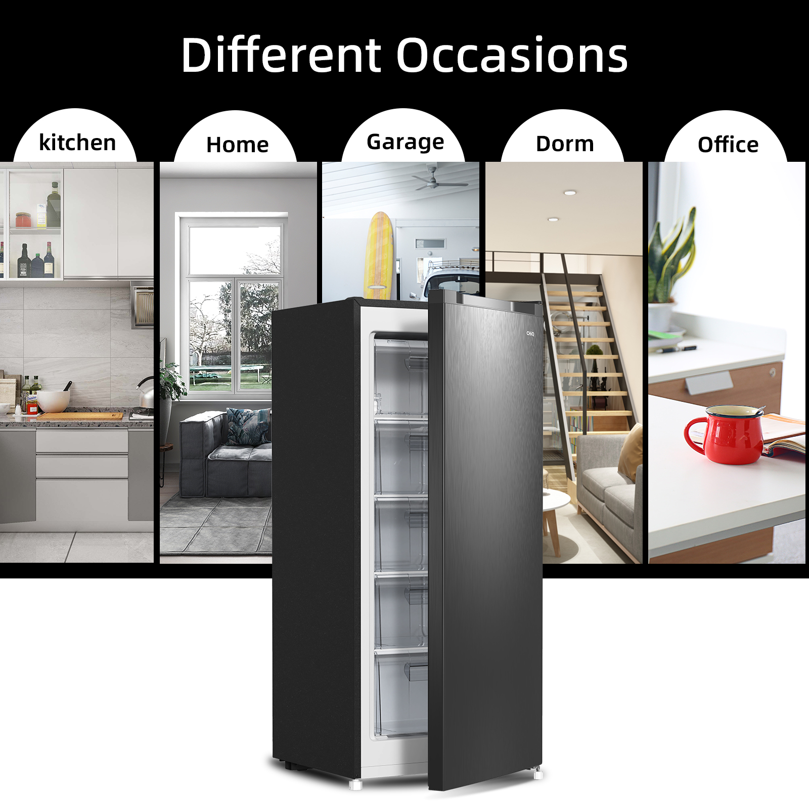 Se muestra un refrigerador oscuro con collages de diferentes entornos: cocina, hogar, garaje, dormitorio, oficina.