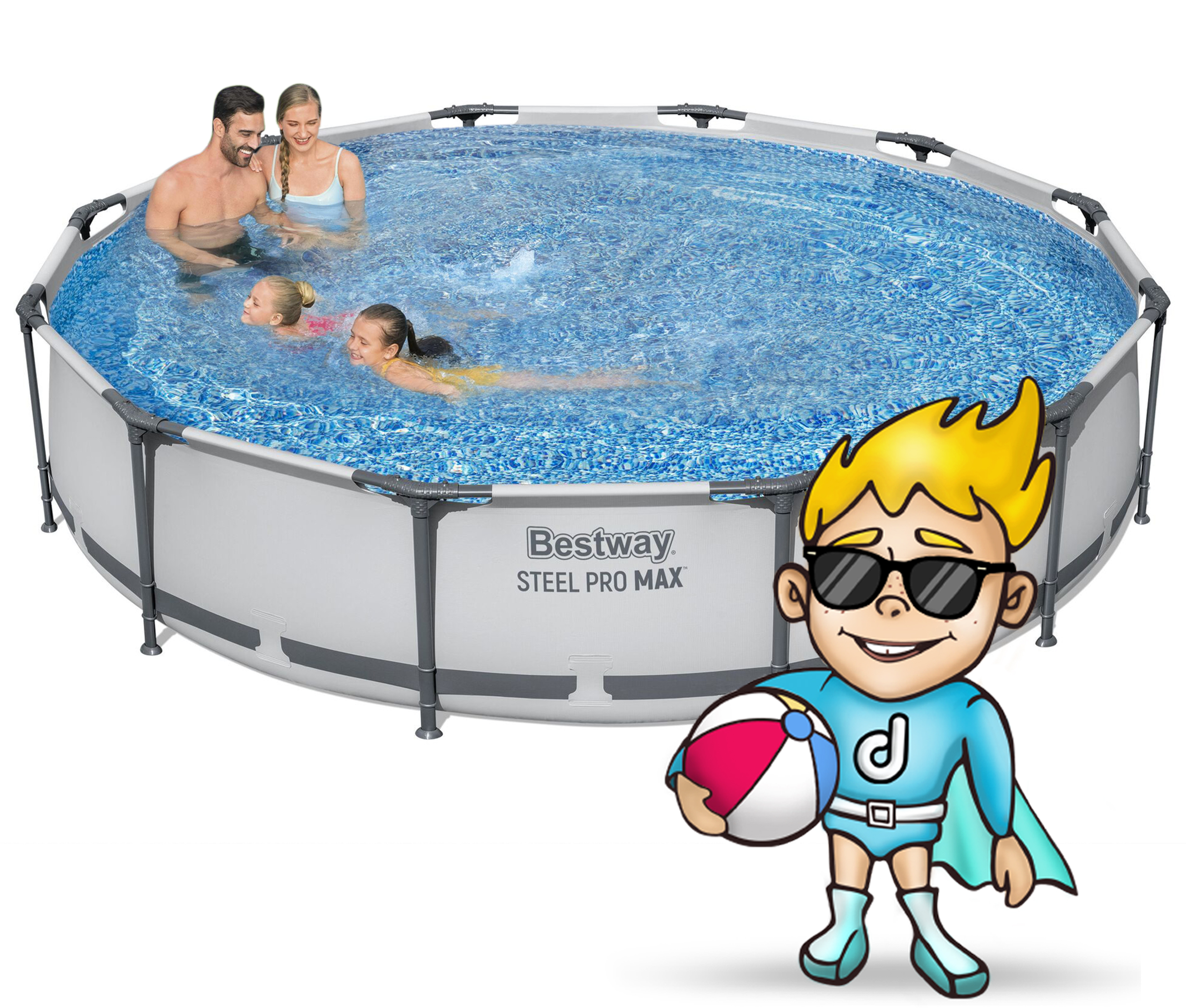 Rodzina w basenie. Kreskówkowy superbohater z piłką.