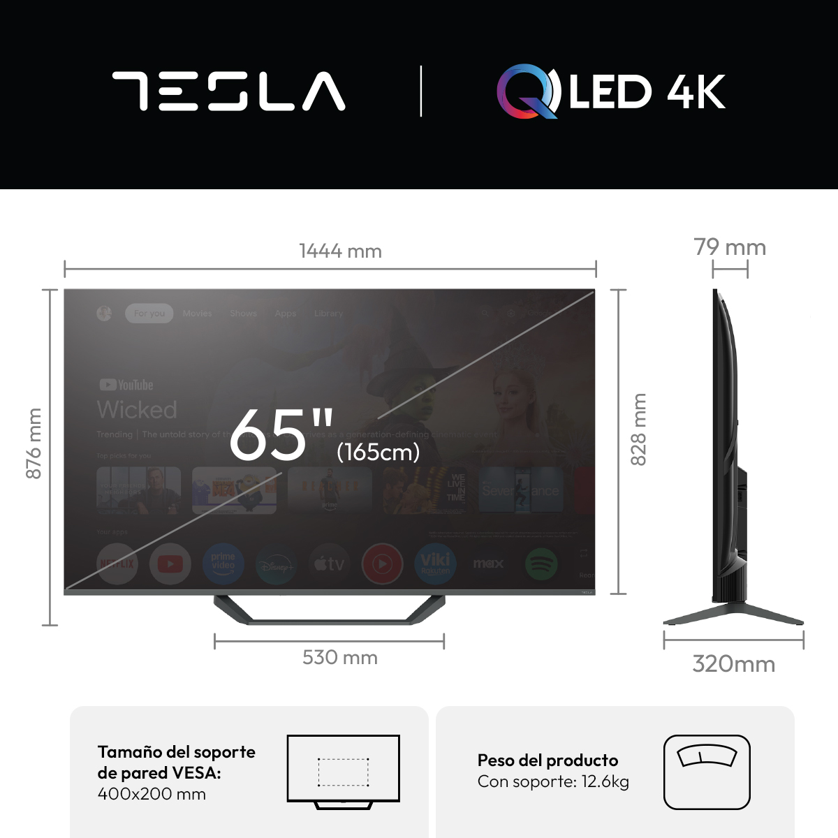 Un TV QLED 4K de 65 pulgadas, 1444x876x79mm, con soporte de 530mm. VESA 400x200mm.