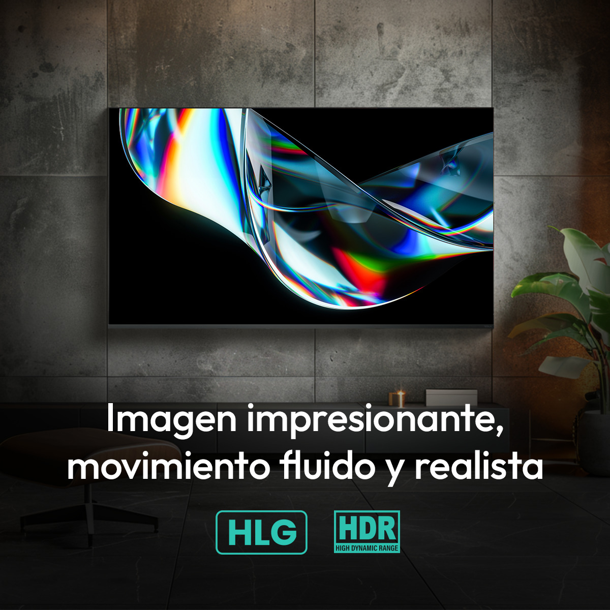 Una sala moderna con una pantalla de TV grande que muestra un gráfico abstracto y colorido.