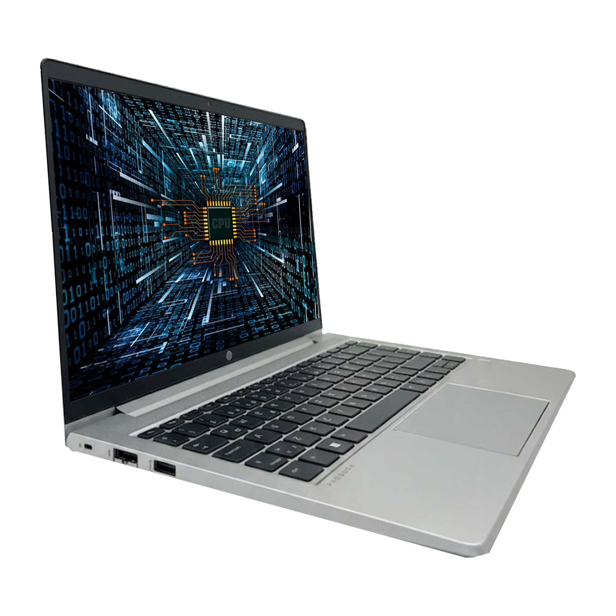 Ekranında CPU ve ikili kod gösteren gümüş rengi bir dizüstü bilgisayar.