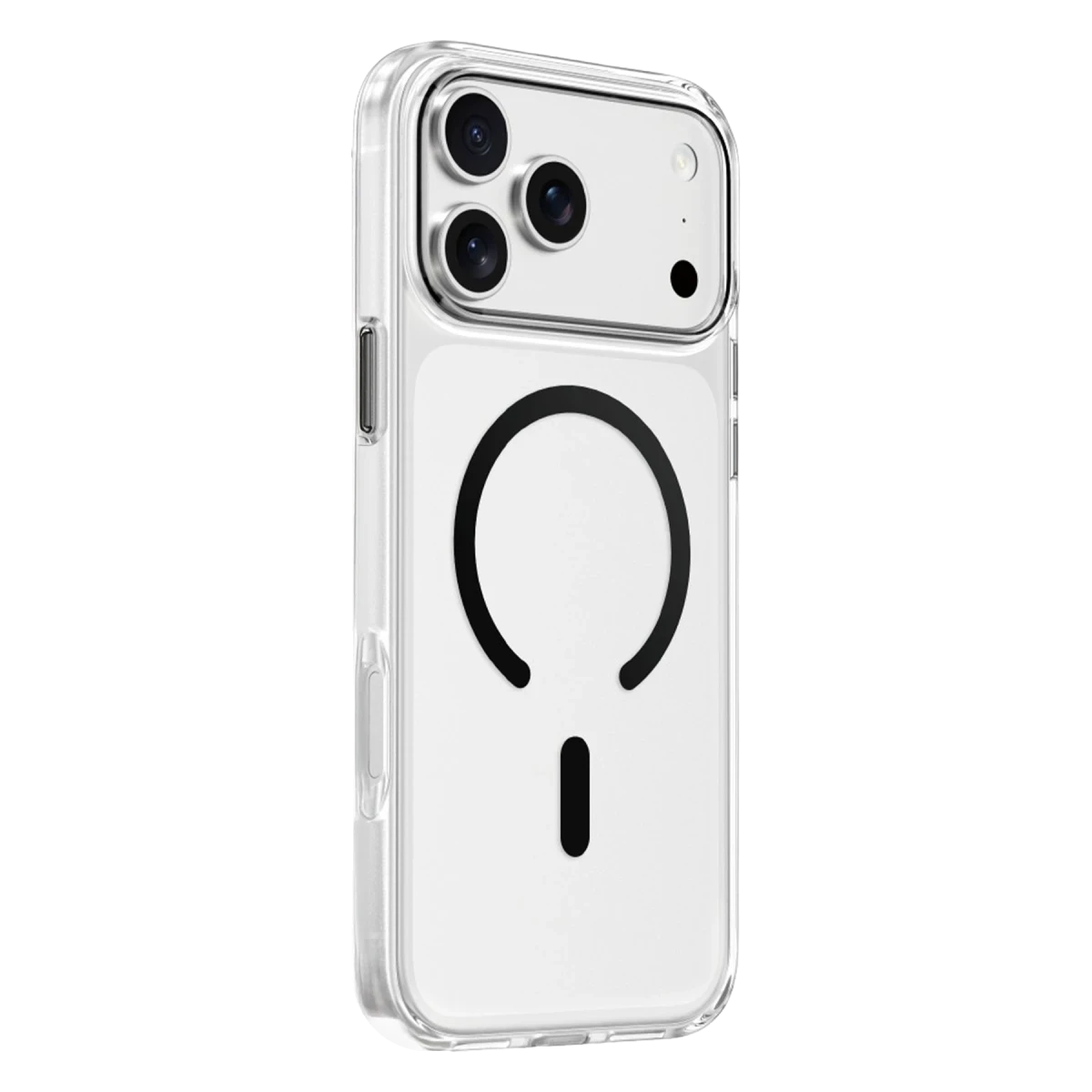Üç kameralı ve MagSafe halkalı şeffaf telefon kılıfı.