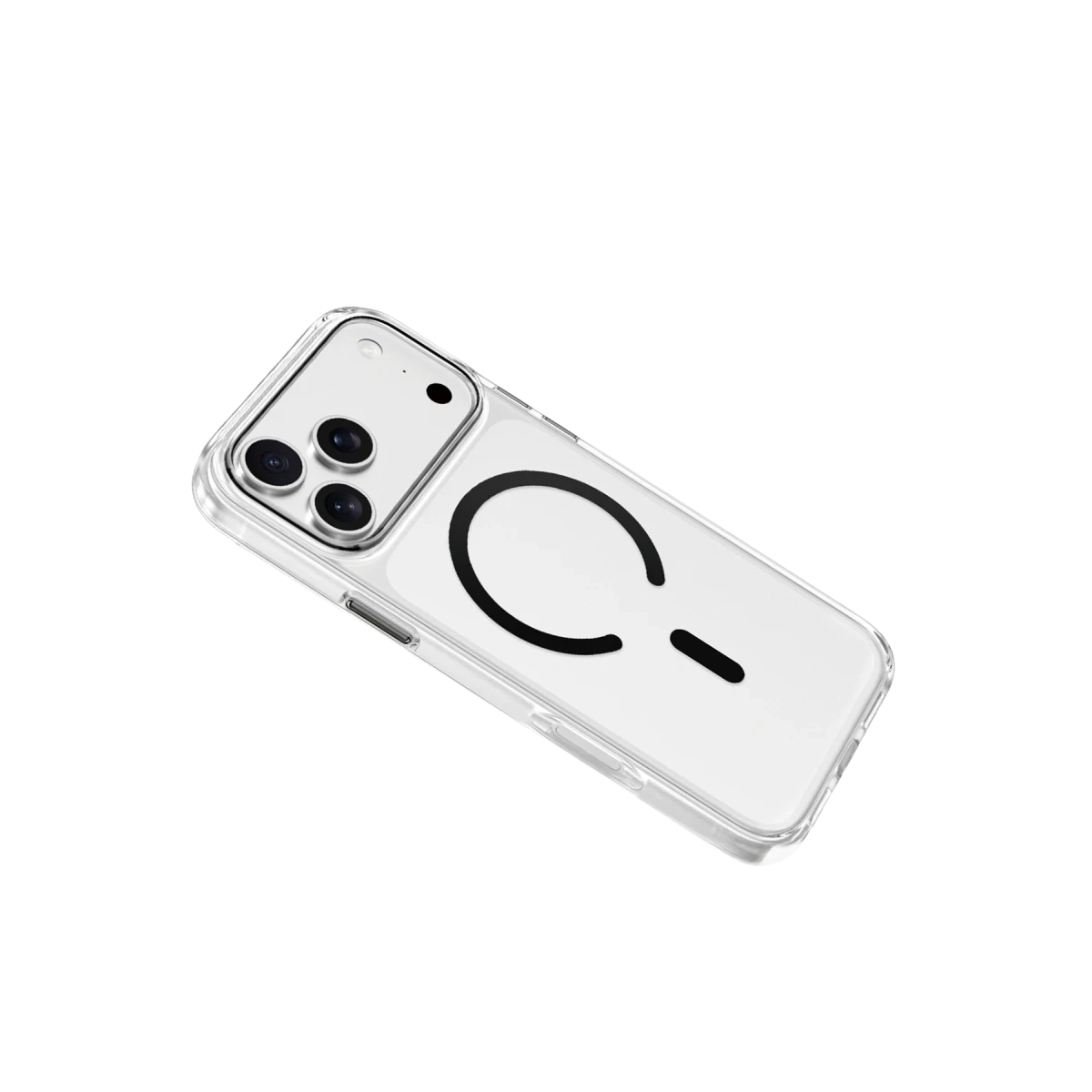 Arkada üç kamera ve siyah C logosu bulunan şeffaf telefon kılıfı.
