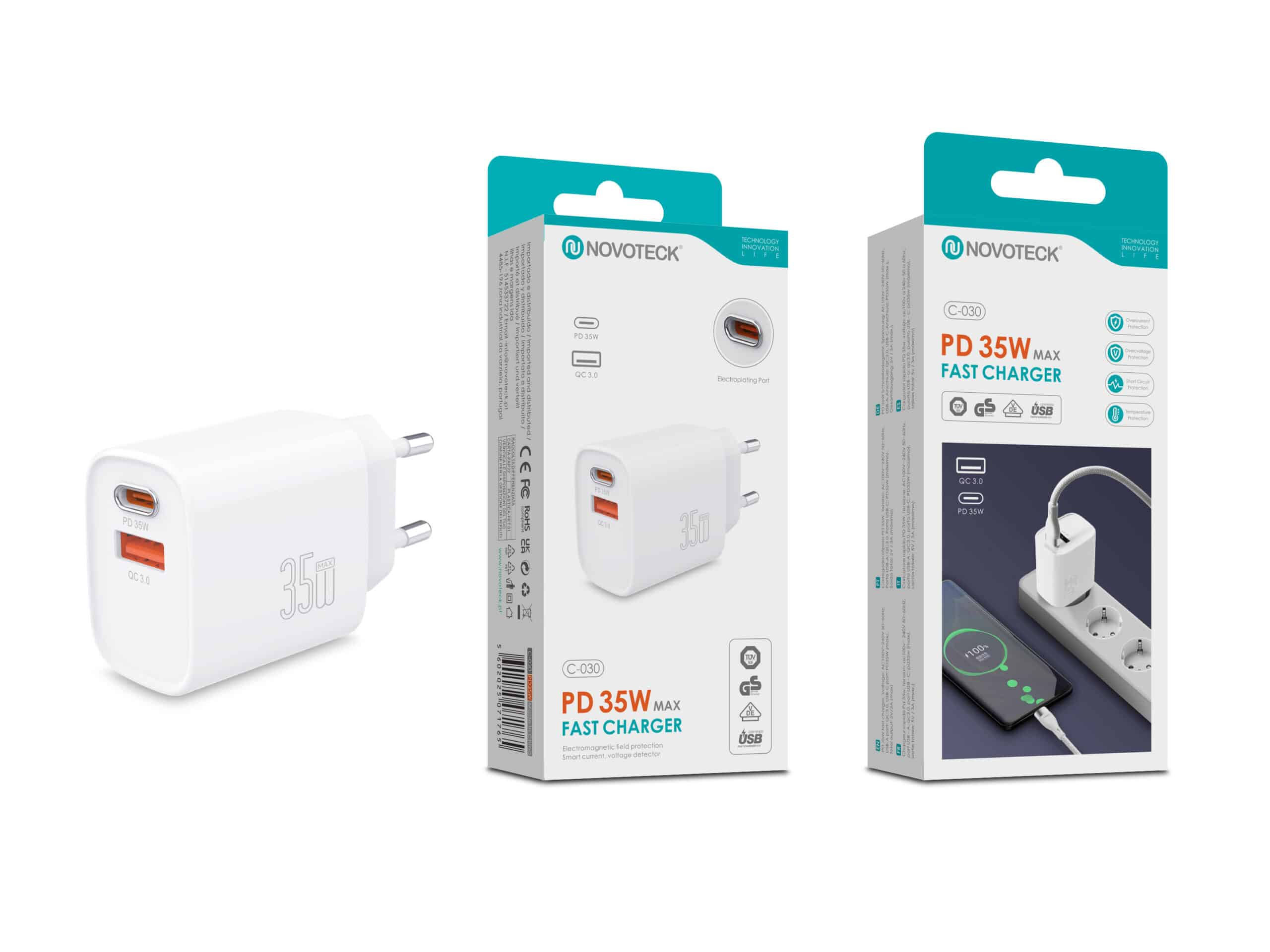 Un cargador blanco Novoteck de 35W con dos puertos (USB-C y QC 3.0) y embalaje.