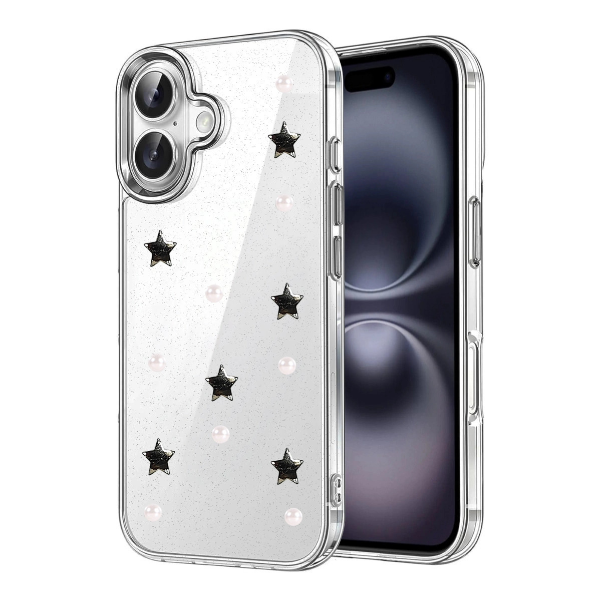 Yıldızlar ve incilerle şeffaf telefon kılıfı, iPhone için.