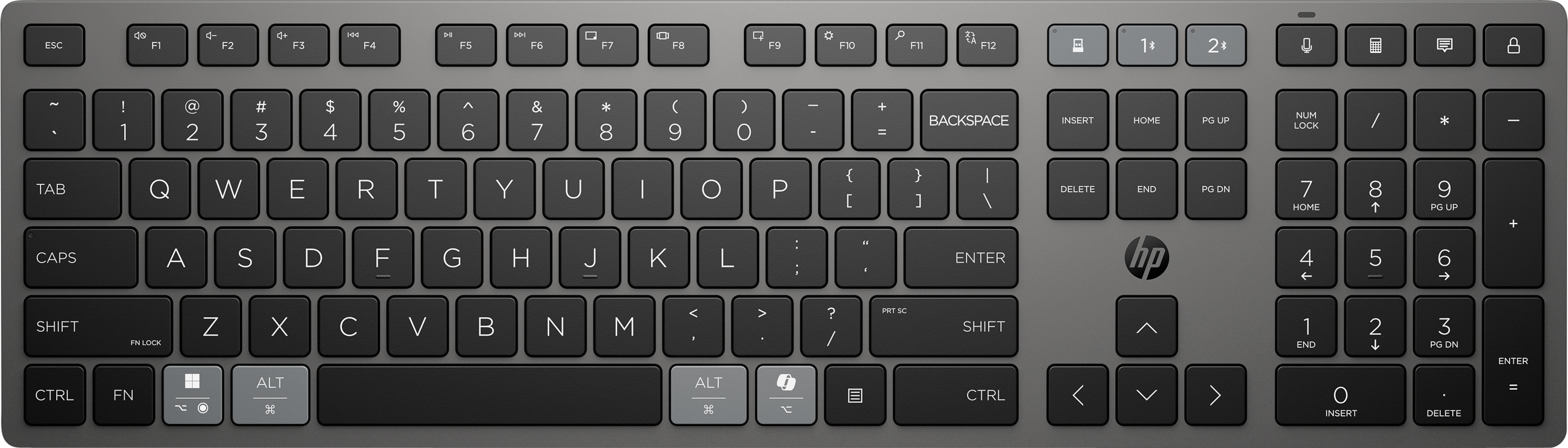 Una tastiera HP grigia con layout QWERTZ e tastierino numerico.
