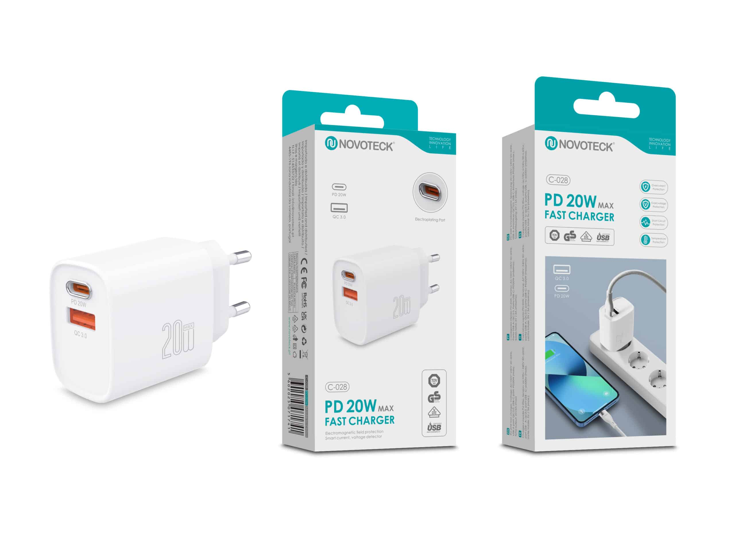 Un cargador blanco de doble puerto, PD 20W y QC 3.0, mostrado en embalaje.