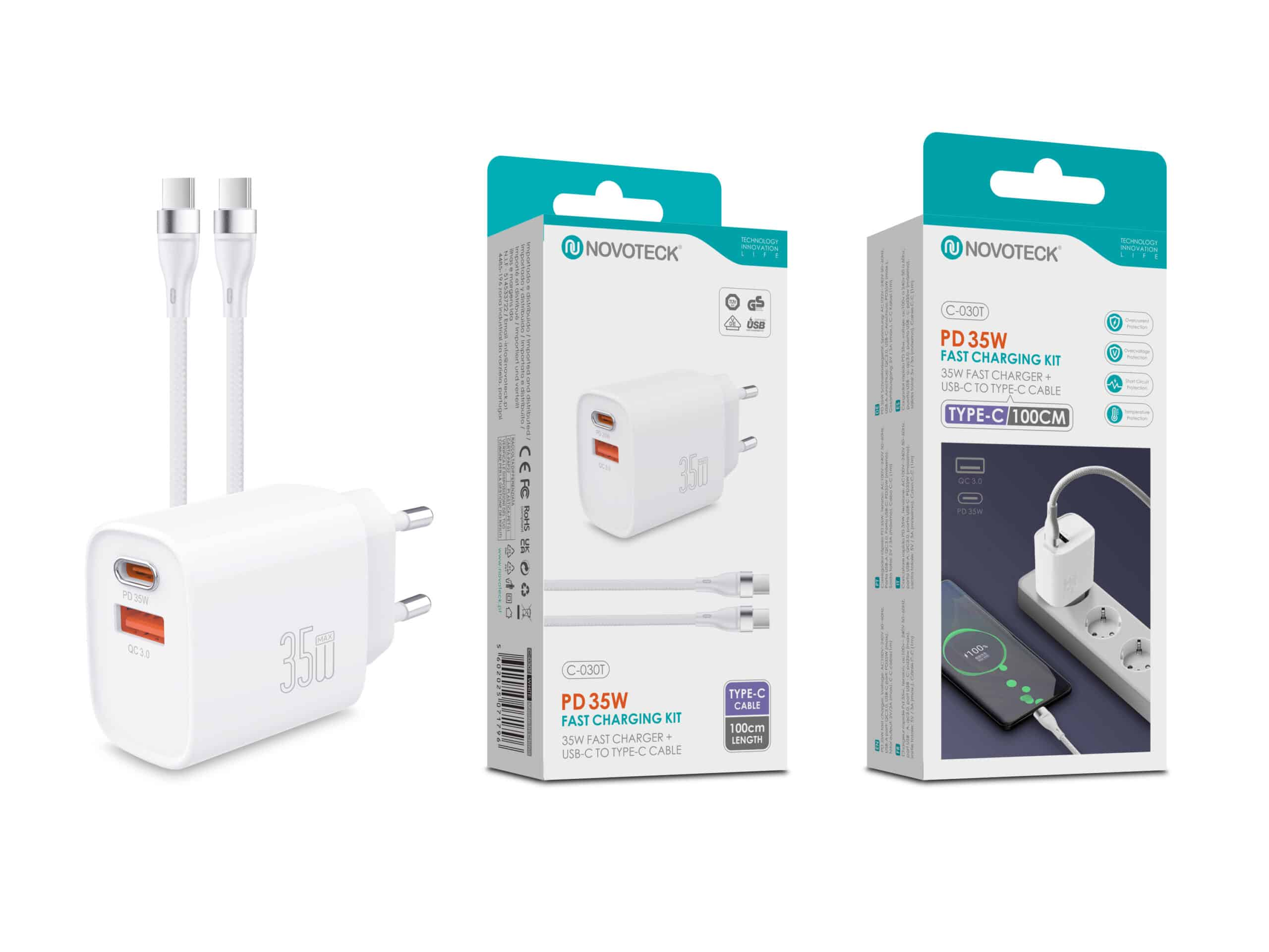 Un cargador Noveteck blanco y dos cables USB-C blancos sobre fondo blanco.