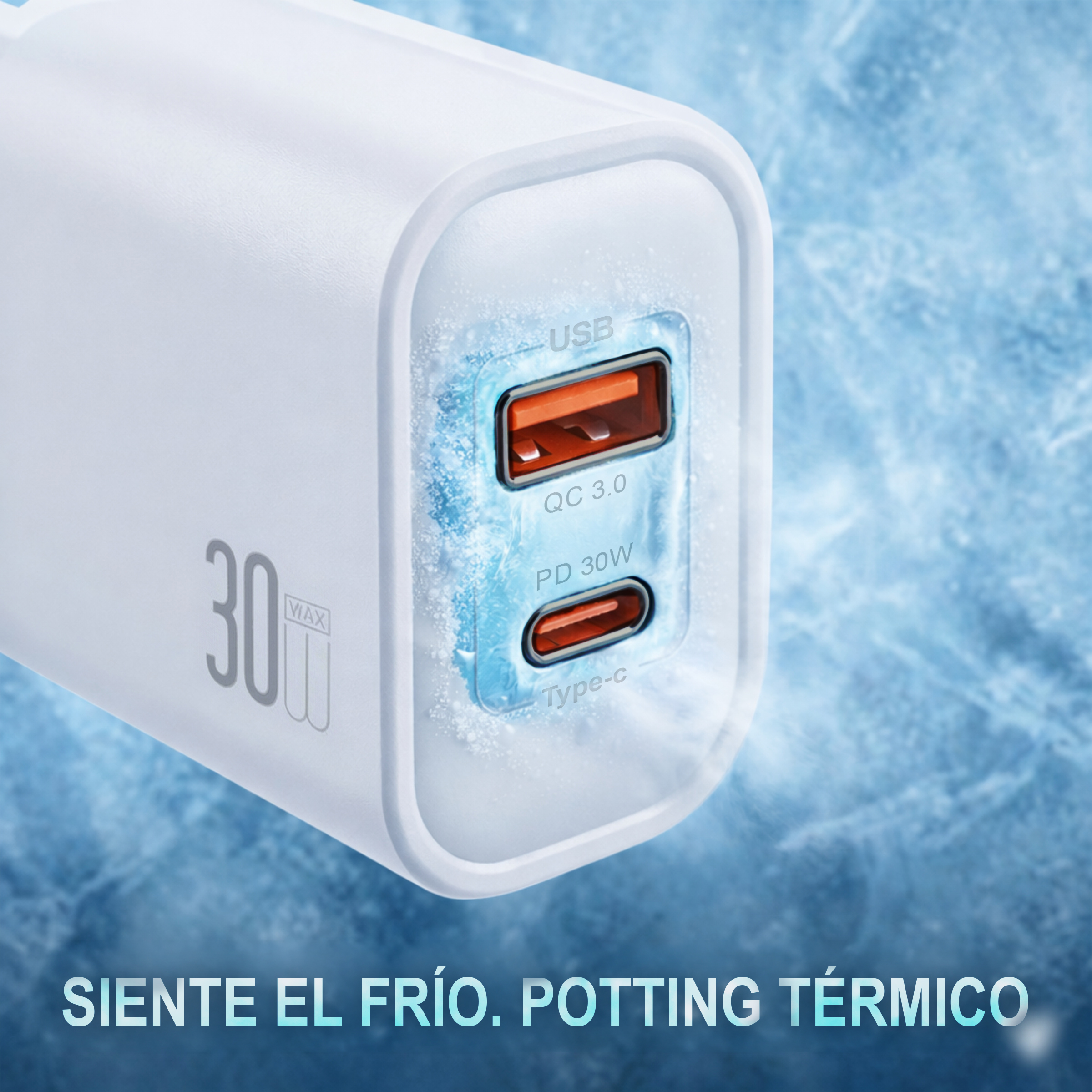 Un cargador USB blanco de 30W con puertos QC 3.0 y PD, con efecto escarchado.