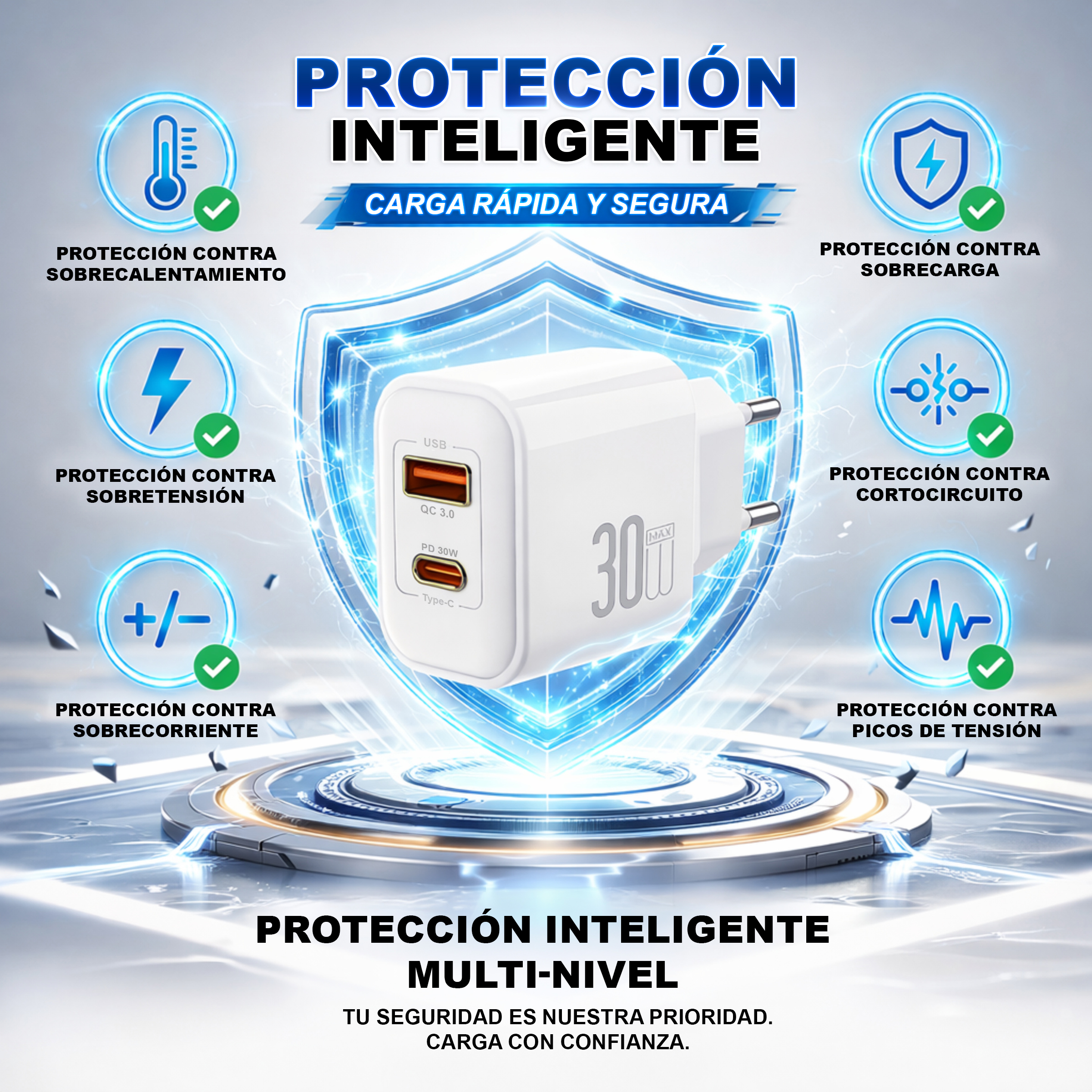 Un cargador blanco con iconos de protección contra sobrecalentamiento, sobretensión, etc.