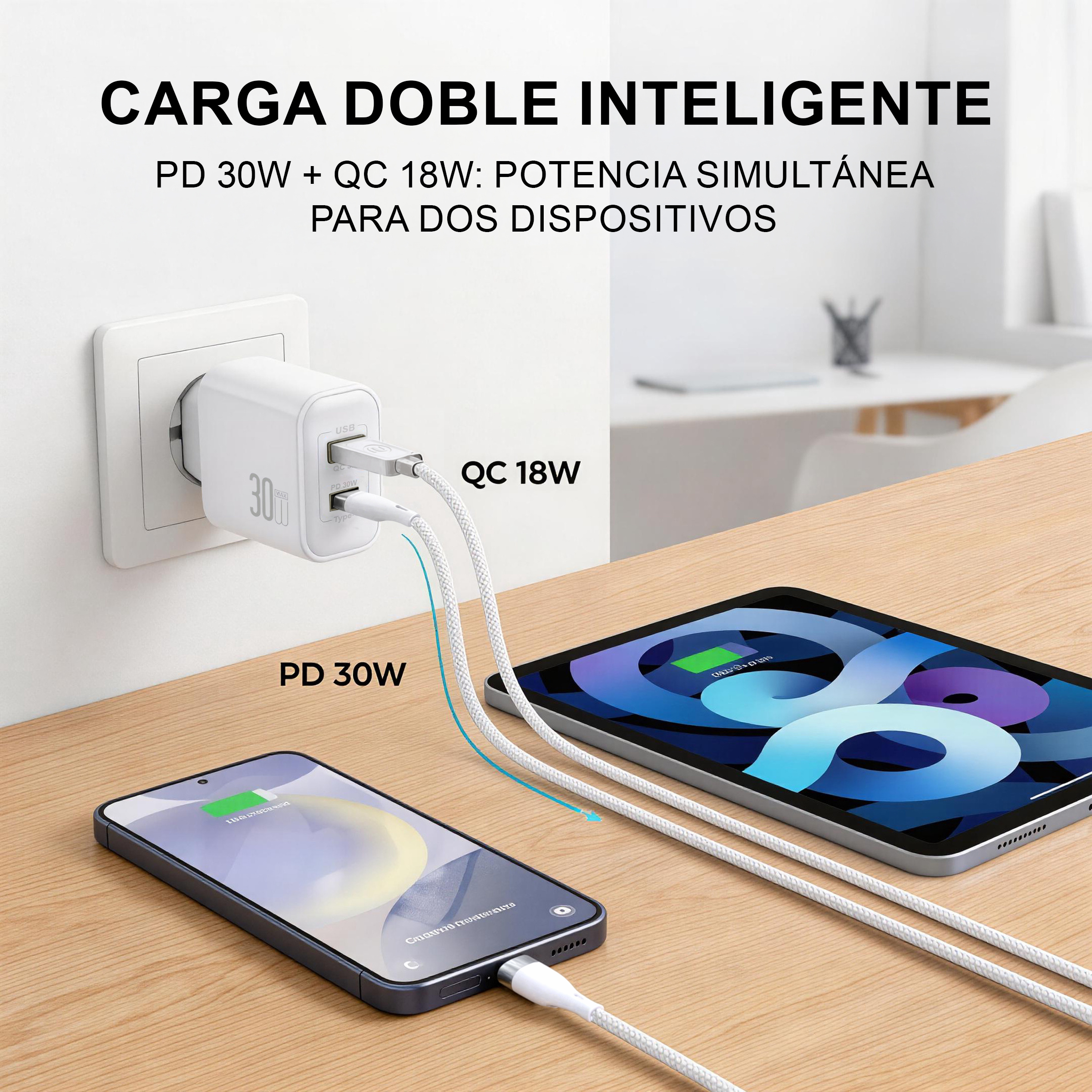 Cargador de doble puerto carga teléfono y tablet simultáneamente.