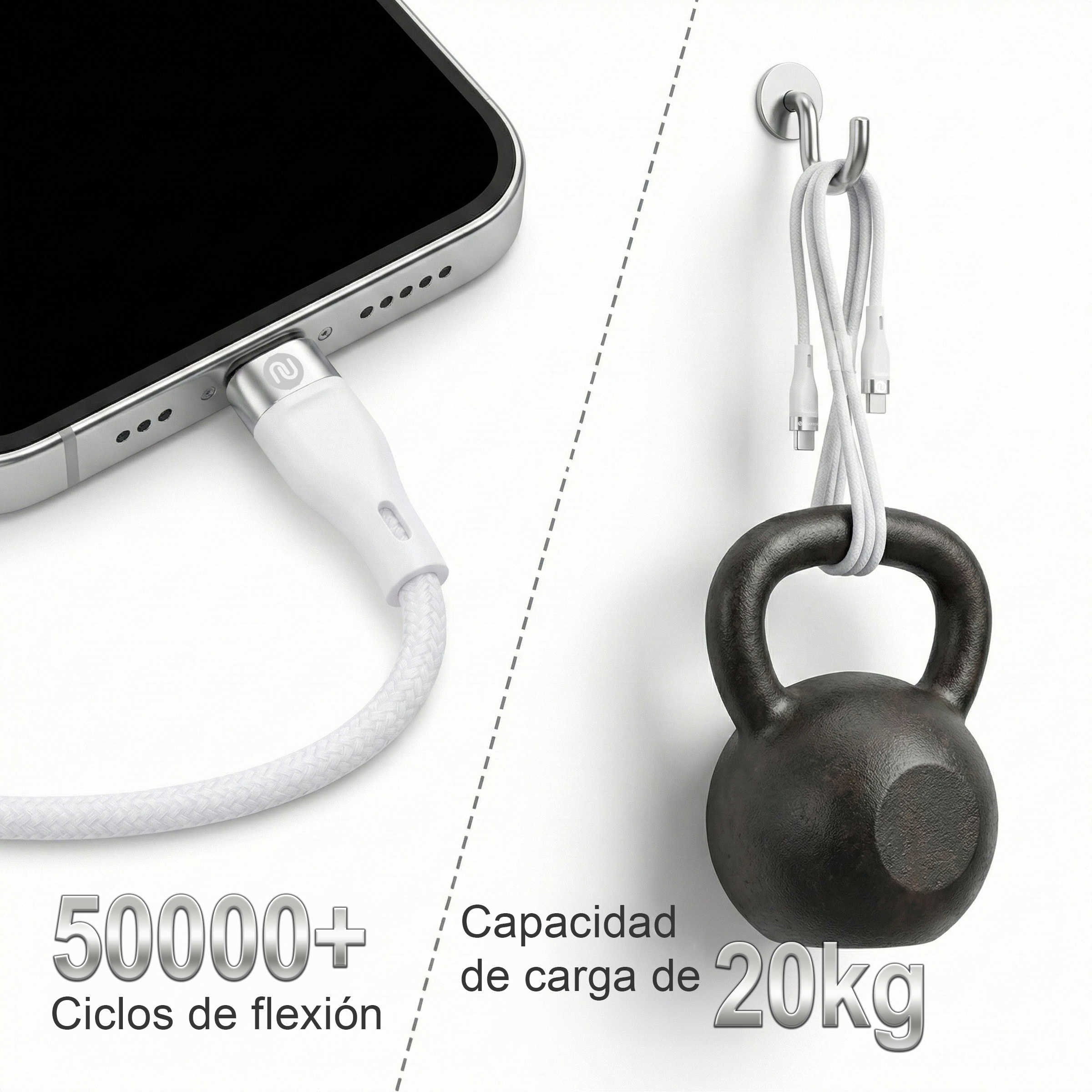 Cable de carga soporta 20 kg, junto a un smartphone cargando.