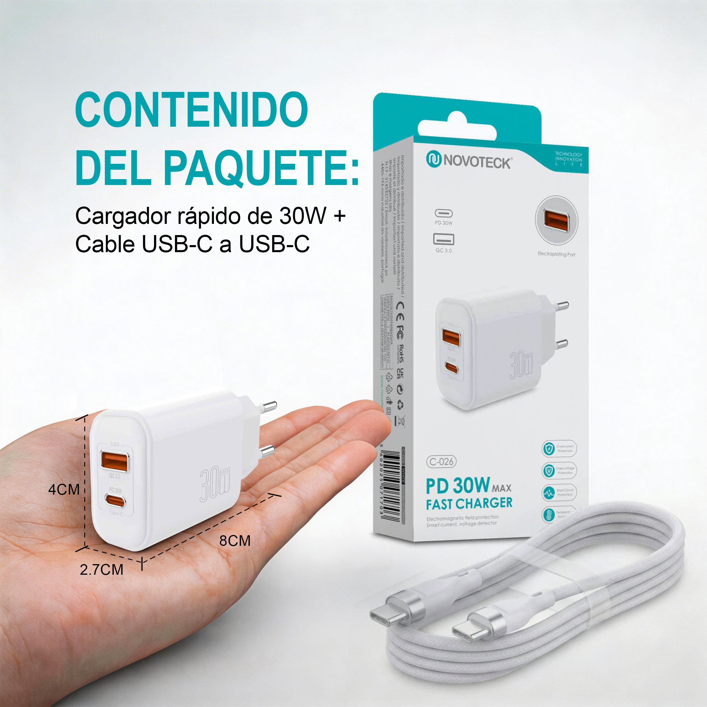 Un cargador blanco con 2 puertos y un cable USB-C sobre fondo claro.