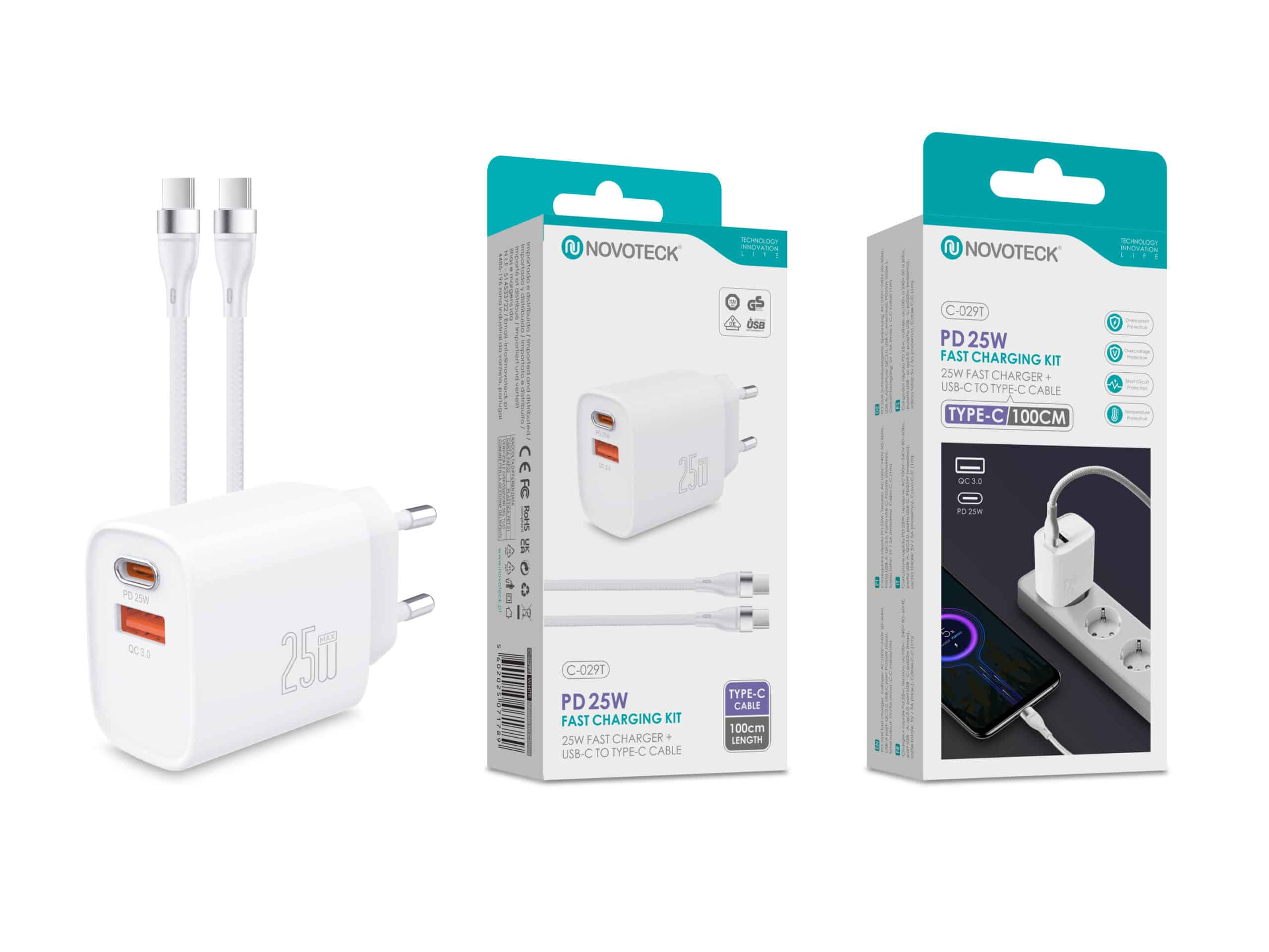 Un cargador Noveteck blanco de 25W con dos cables USB-C al lado.