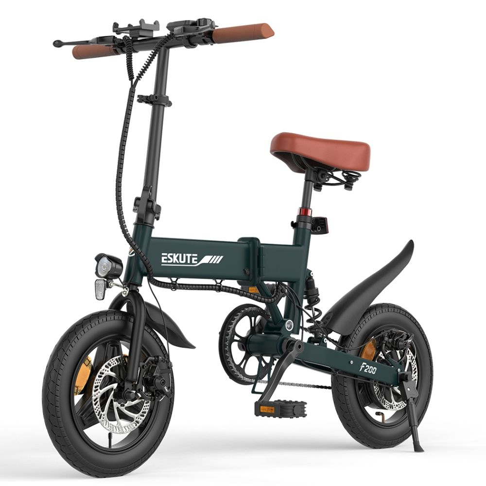 Una bicicleta eléctrica plegable Eskute F200 verde oscuro con manillar y sillín marrones.