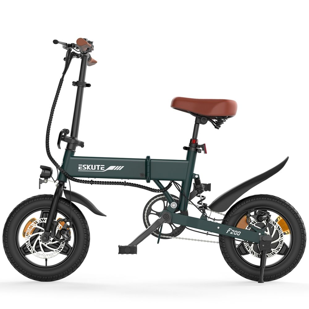 Una bicicleta eléctrica plegable Eskute F200 verde con asiento marrón y neumáticos negros.
