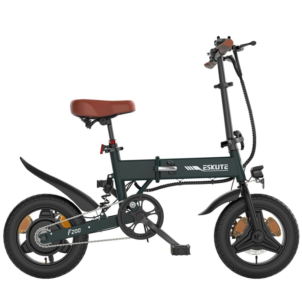 Bicicleta eléctrica plegable verde oscuro con asiento marrón.