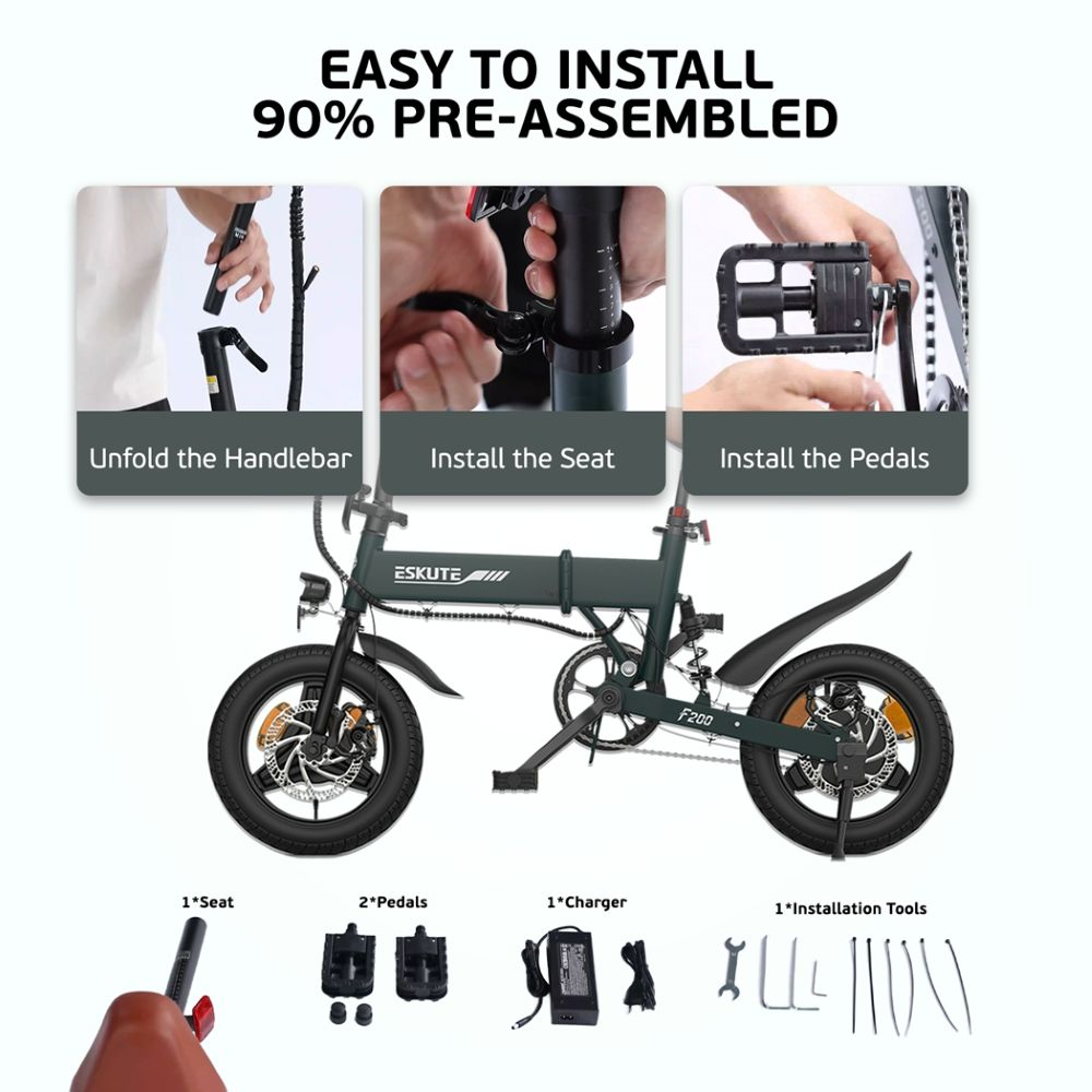 Guía de instalación de e-bike plegable: desplegar manillar, instalar sillín y pedales.