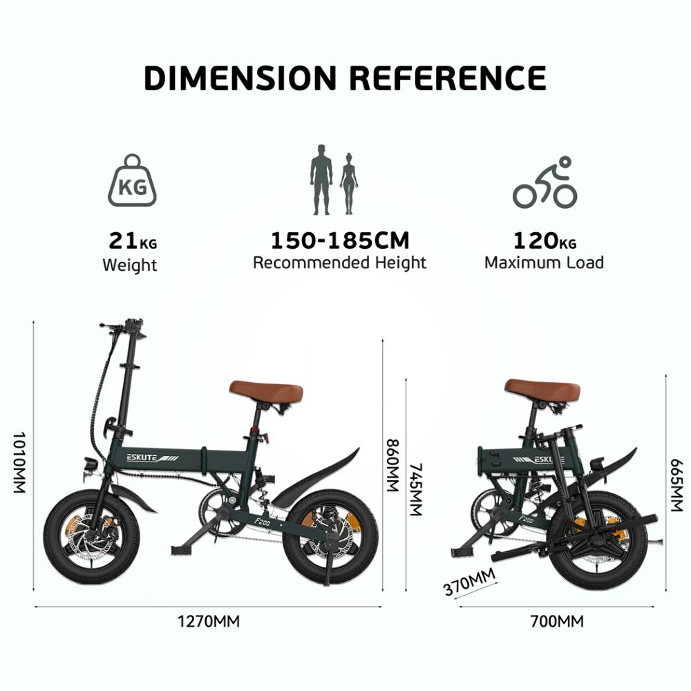Dos bicicletas eléctricas plegables con dimensiones: peso 21kg, altura 150-185cm, carga 120kg.