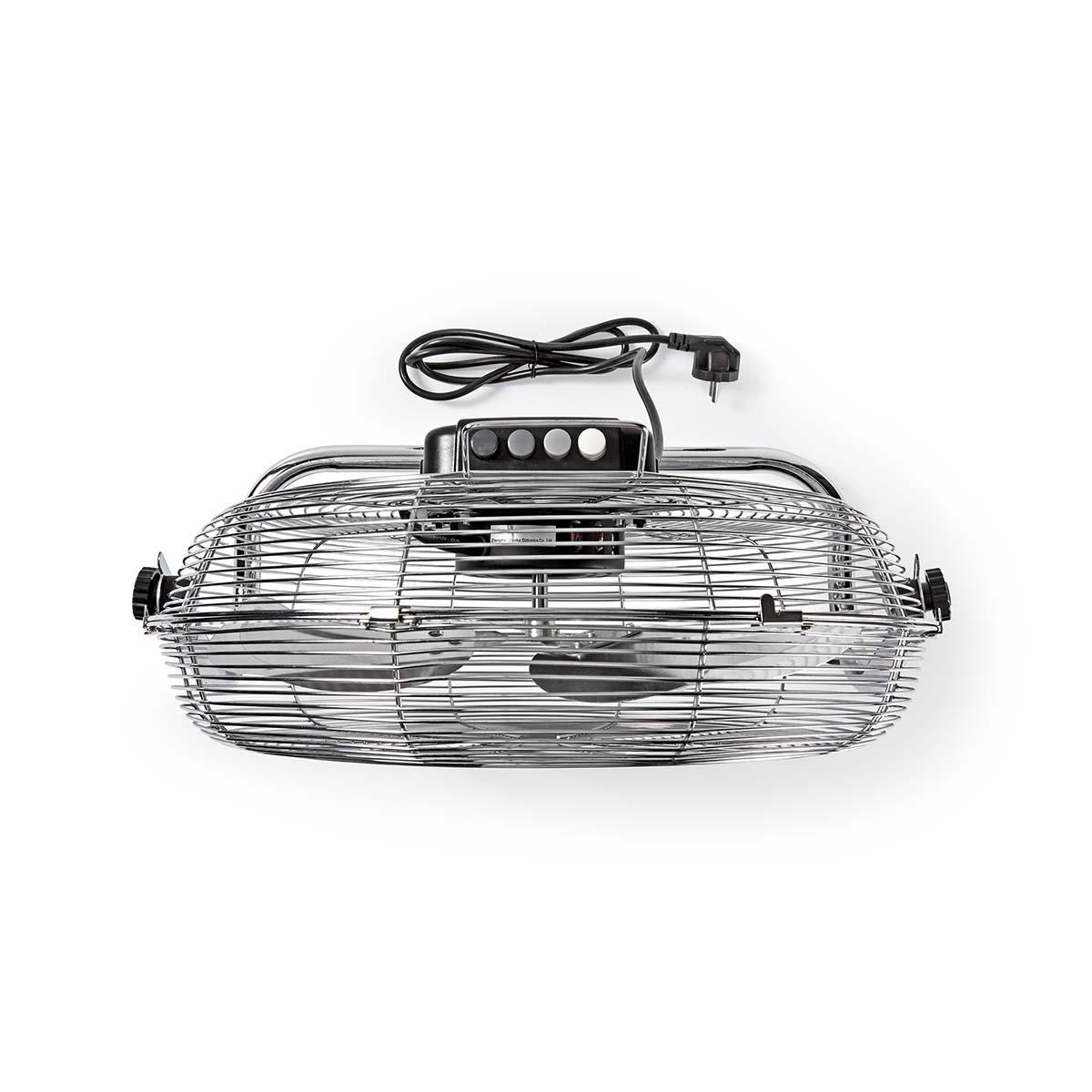 Ventilatore cromato a due pale con cavo nero su sfondo bianco.