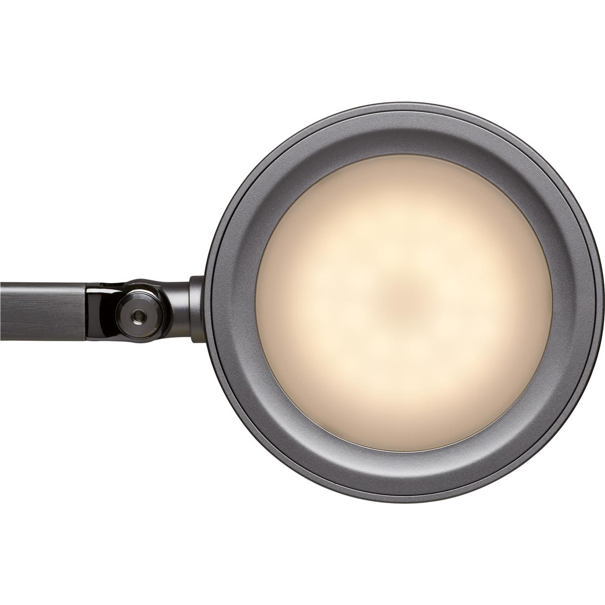Una testa di lampada rotonda grigia con illuminazione e braccio articolato.