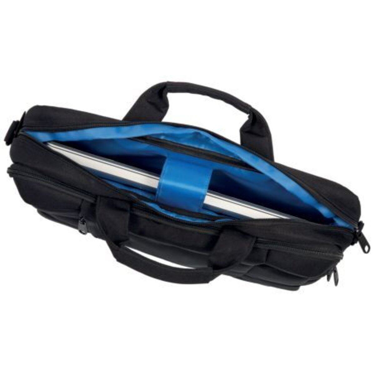 Borsa nera per laptop con fodera blu e un laptop all'interno.