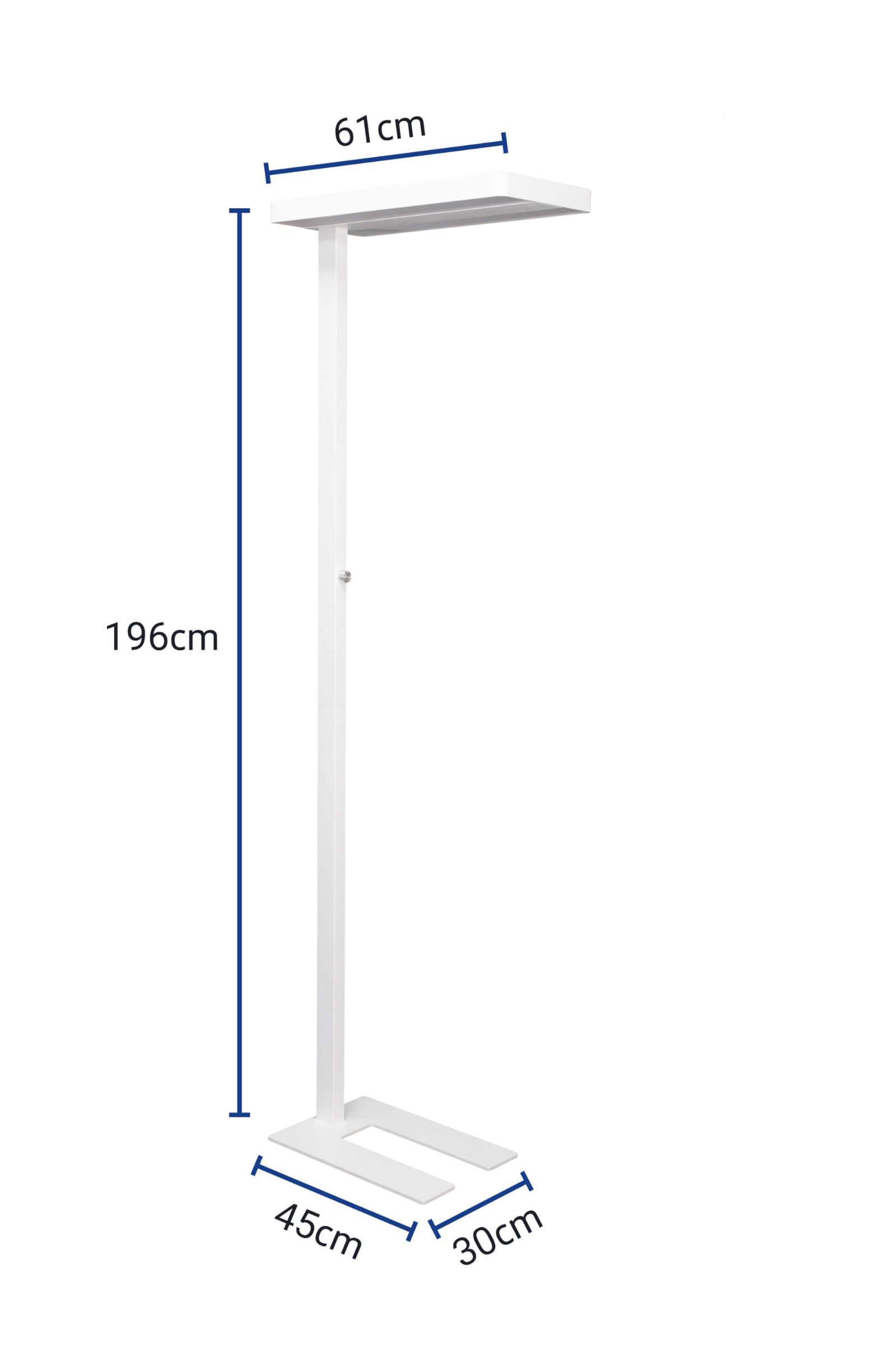 Lámpara de pie blanca con cabezal rectangular, medidas 196x61x45x30cm.