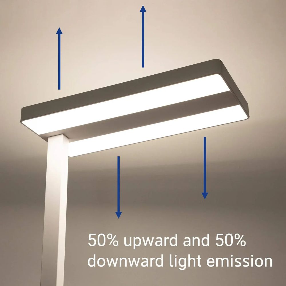 Lámpara moderna con emisión de luz 50% hacia arriba y 50% hacia abajo.