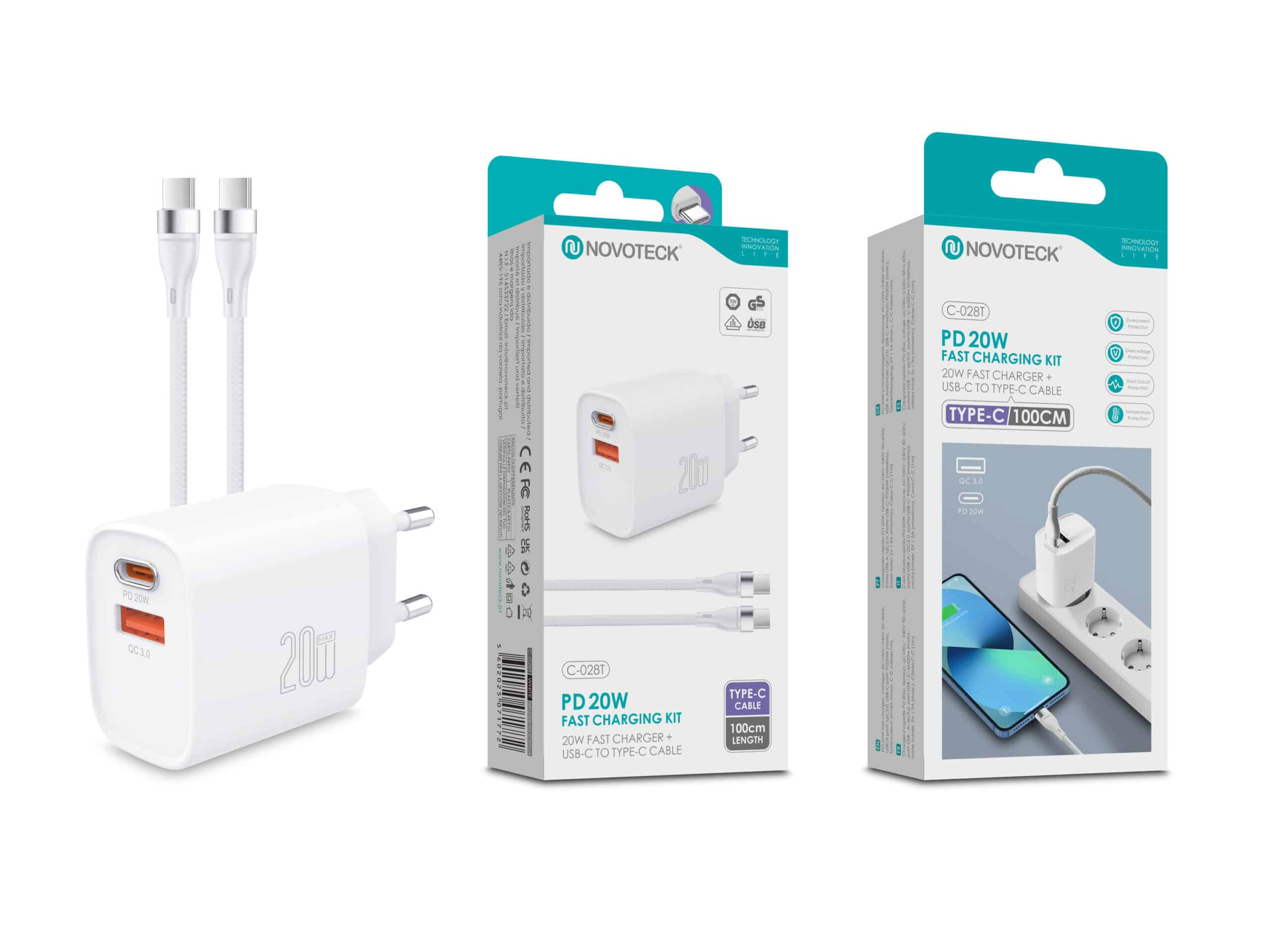 Un cargador blanco Novoteck PD 20W con dos puertos USB-C y un cable.
