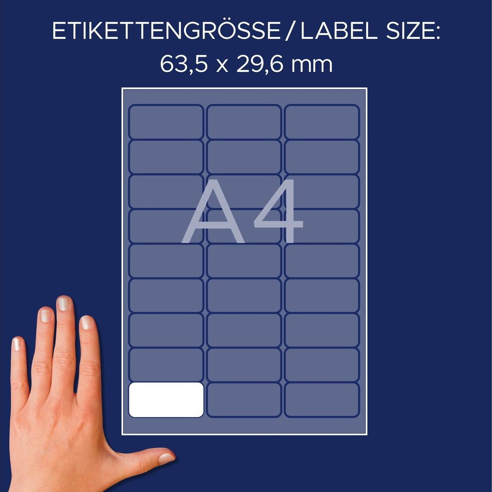 Eine Hand greift nach einem Blatt mit vielen kleinen, rechteckigen Etiketten.
