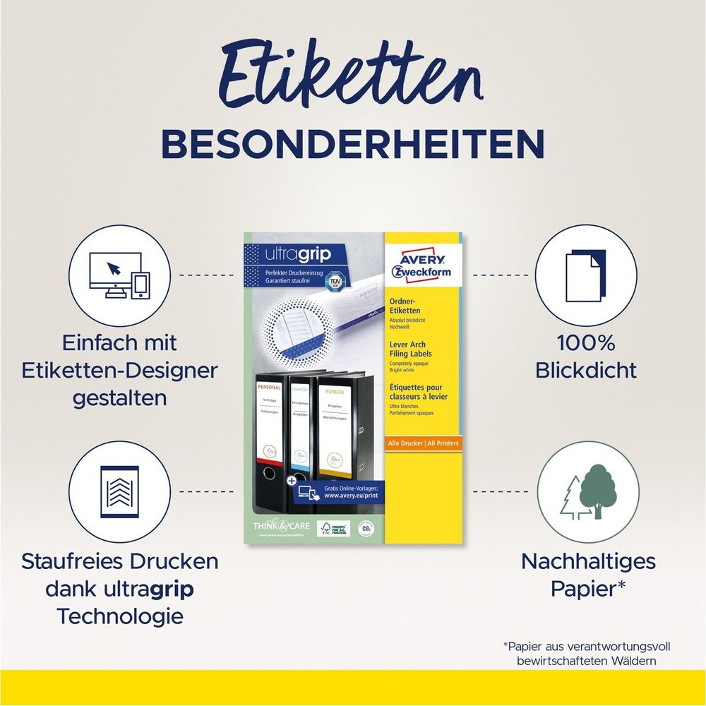 Avery Etiketten: ultraschall, blickdicht, nachhaltiges Papier. Mit Designer & Druck.