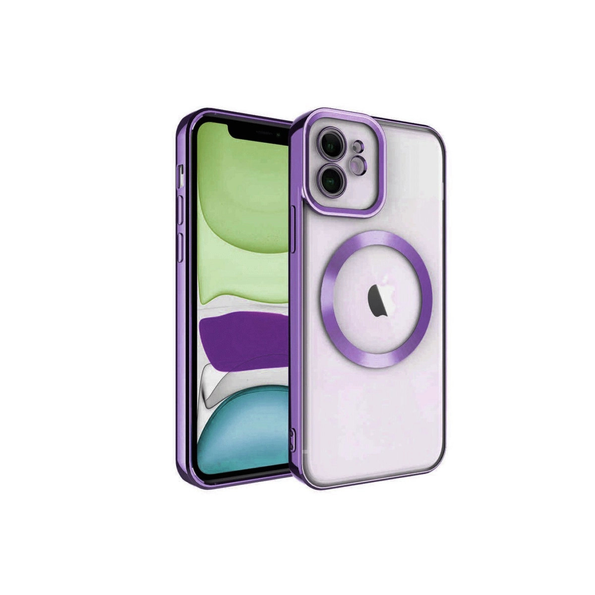 Mor iPhone kılıfı, şeffaf arka ve manyetik halkalı. Beyaz arka plan.