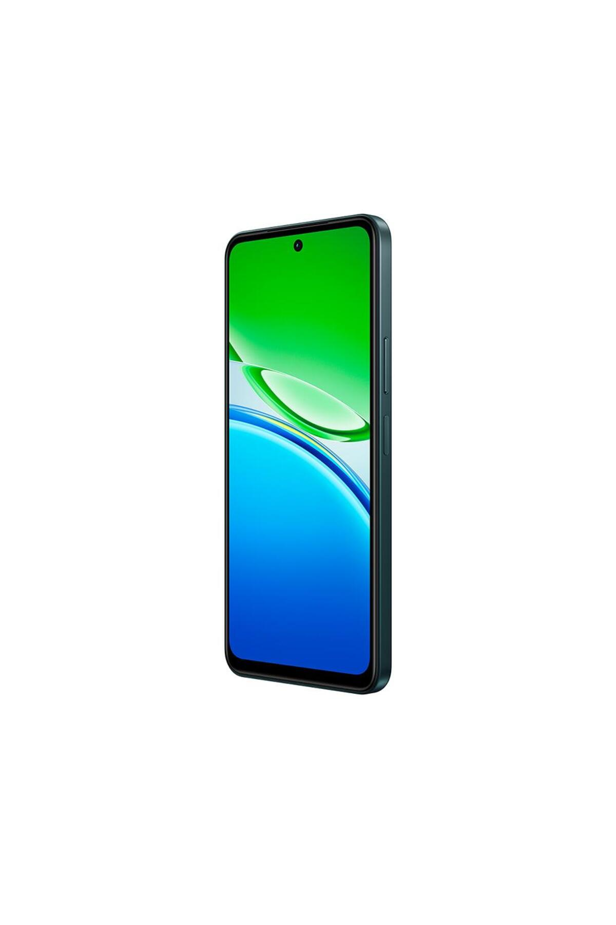 Yeşil ve mavi arka planlı koyu renkli bir akıllı telefon sağdan gösteriliyor.