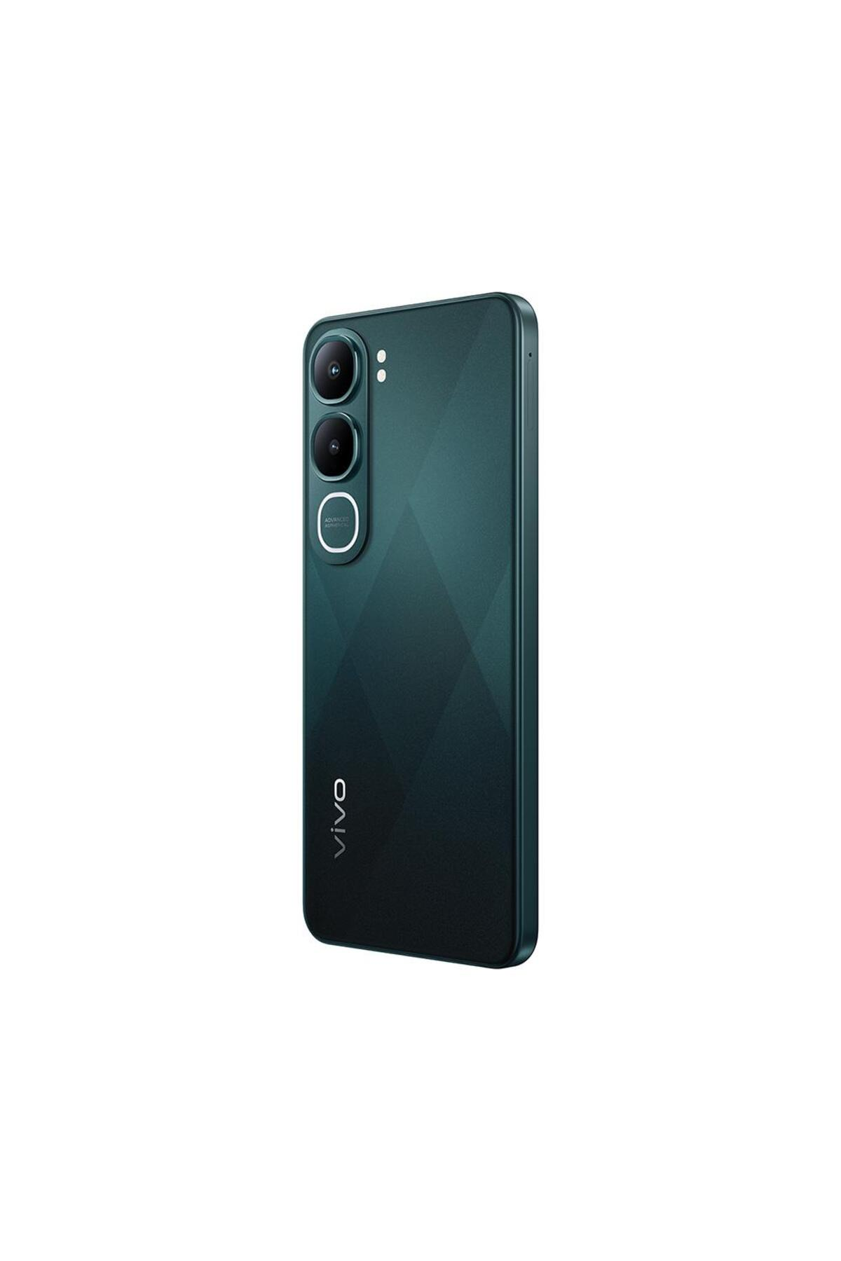 Üç kameralı koyu yeşil akıllı telefon, beyaz zeminde 'vivo' logosuyla.