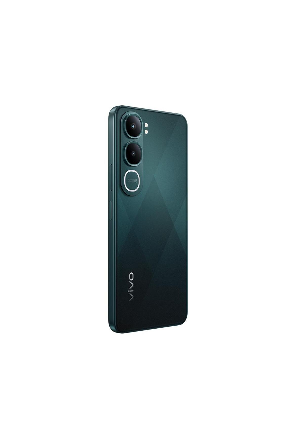 Arkada üç kamera ve VIVO logosu bulunan koyu yeşil akıllı telefon.