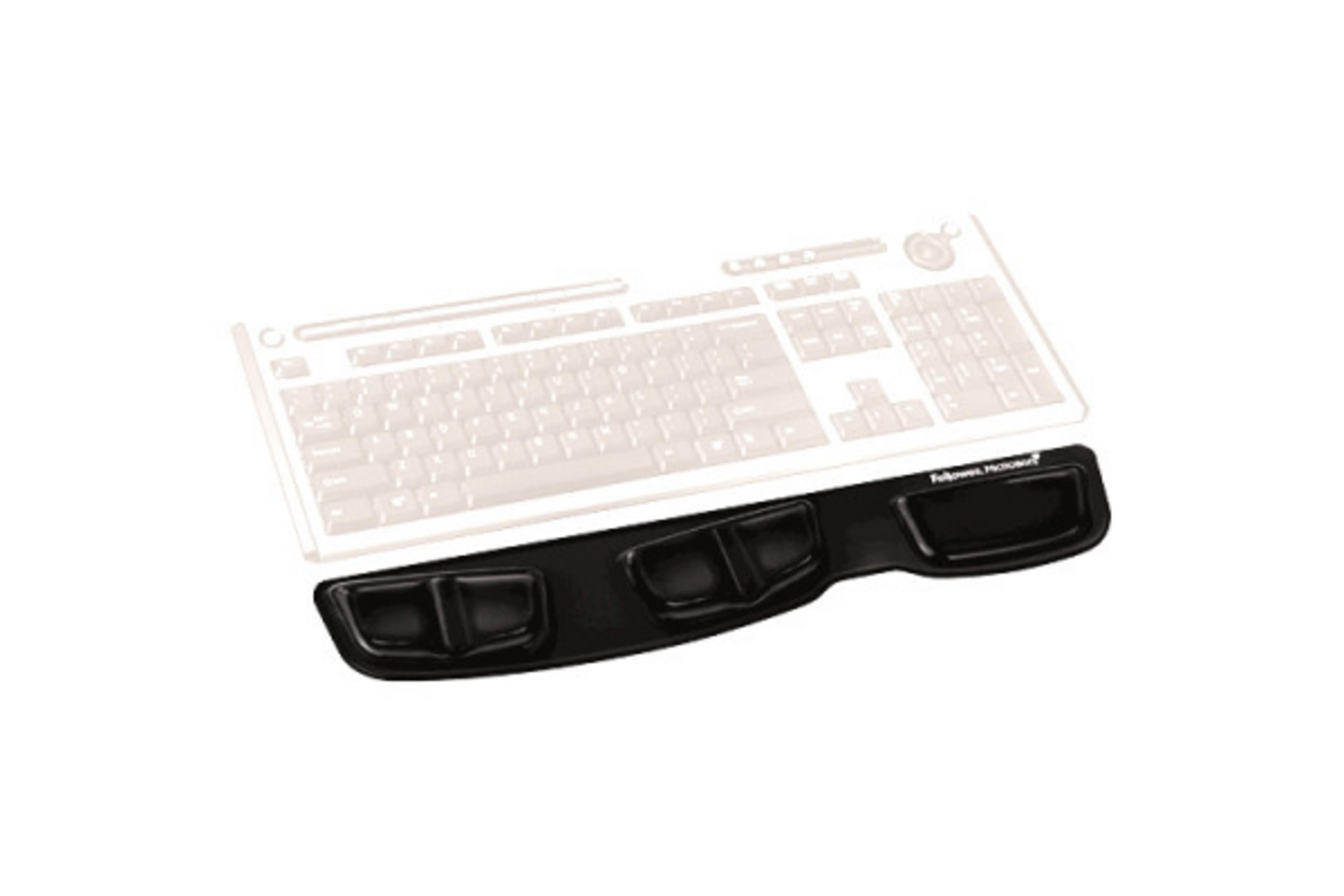 Schwarze Handgelenkauflage mit drei Vertiefungen vor einer hellgrauen Tastatur.