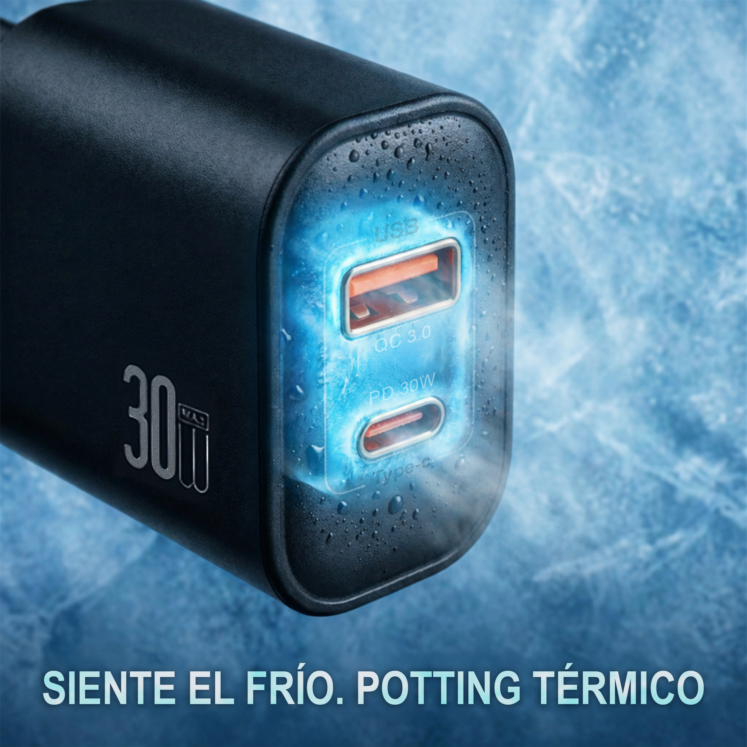Cargador negro de 30W con dos puertos USB, sobre fondo helado.