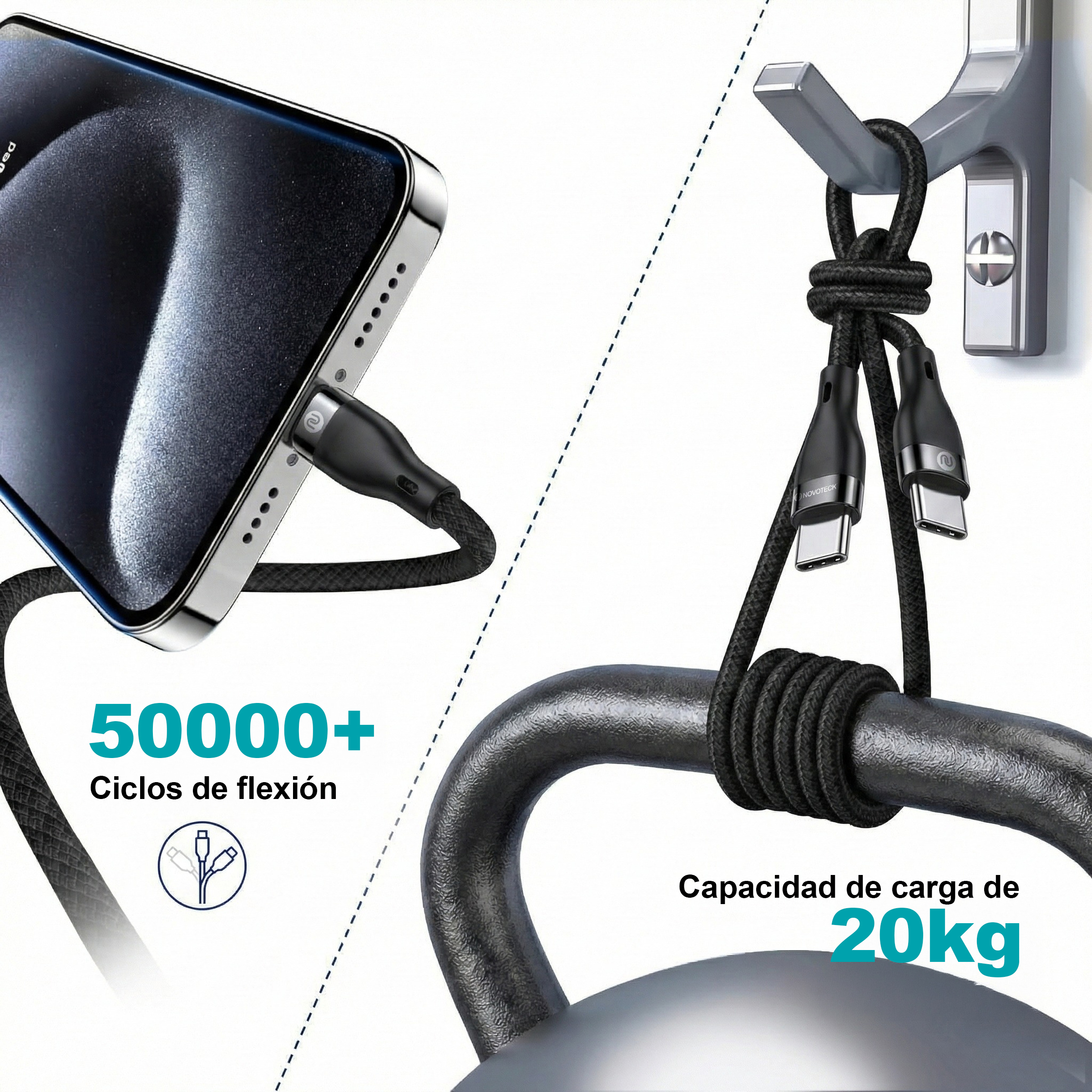 Un smartphone se está cargando; cables soportan 20kg en gancho/peso.