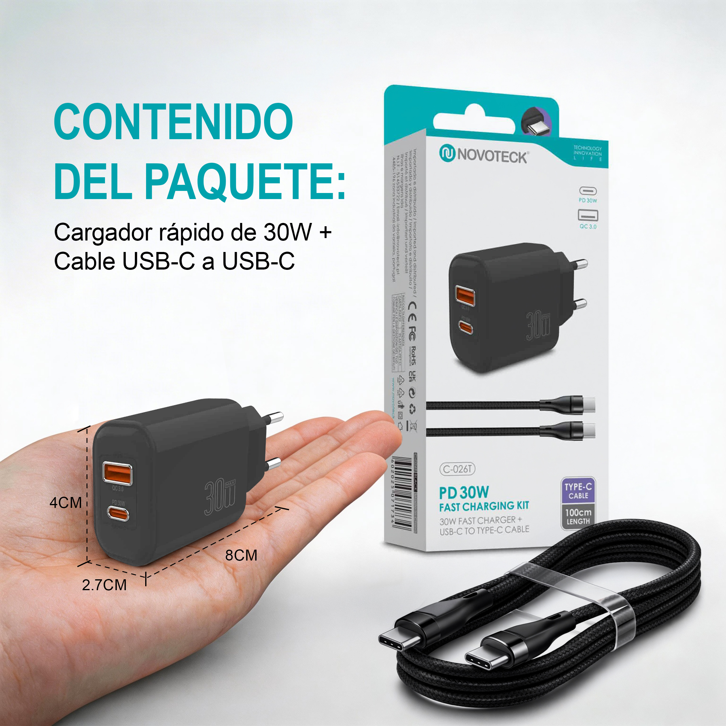 Cargador rápido PD negro de 30W con dos puertos y cable USB-C en mano.