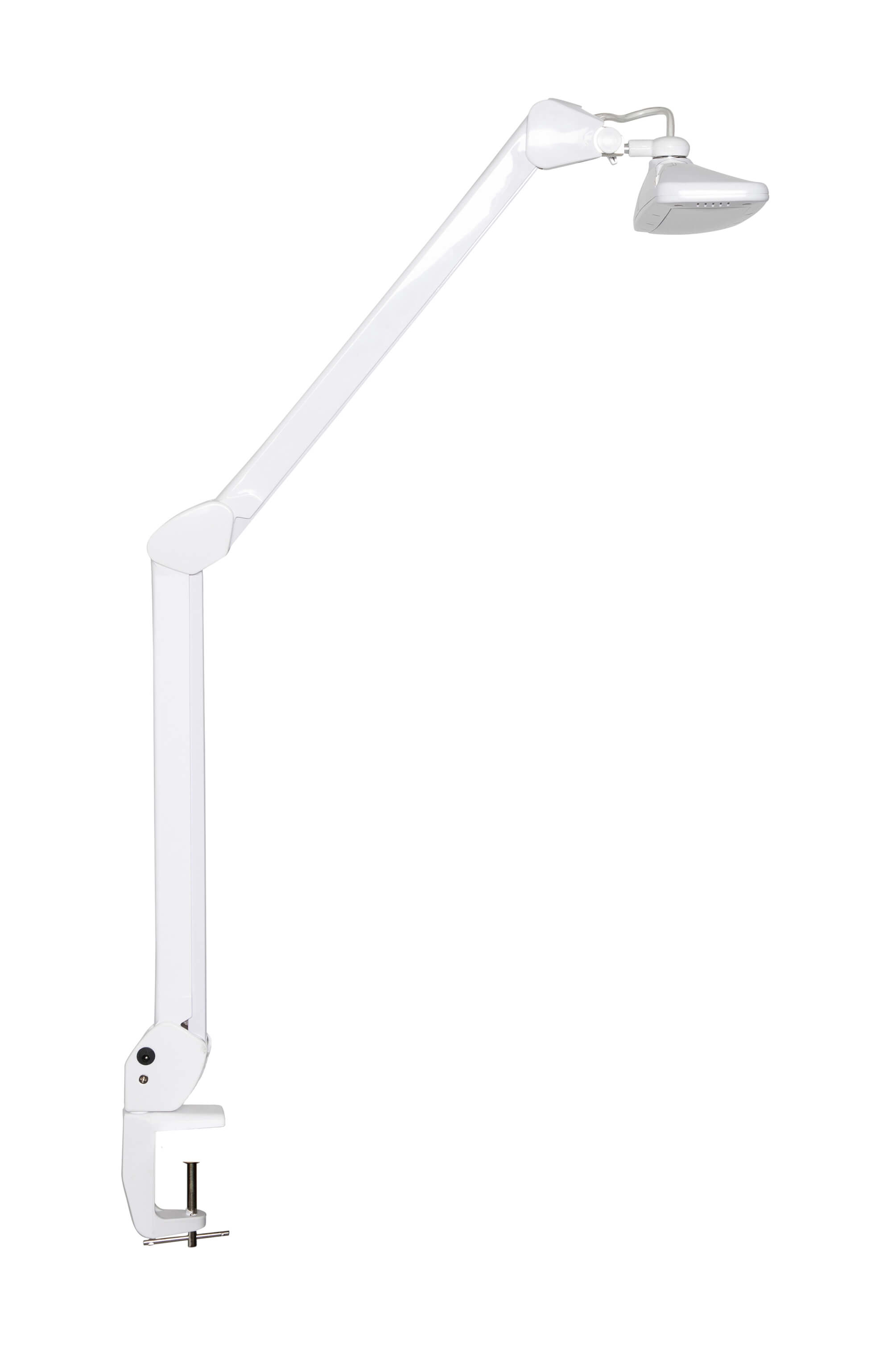 Lampada a braccio articolato bianco con base a morsetto e testa della lampada su sfondo bianco.