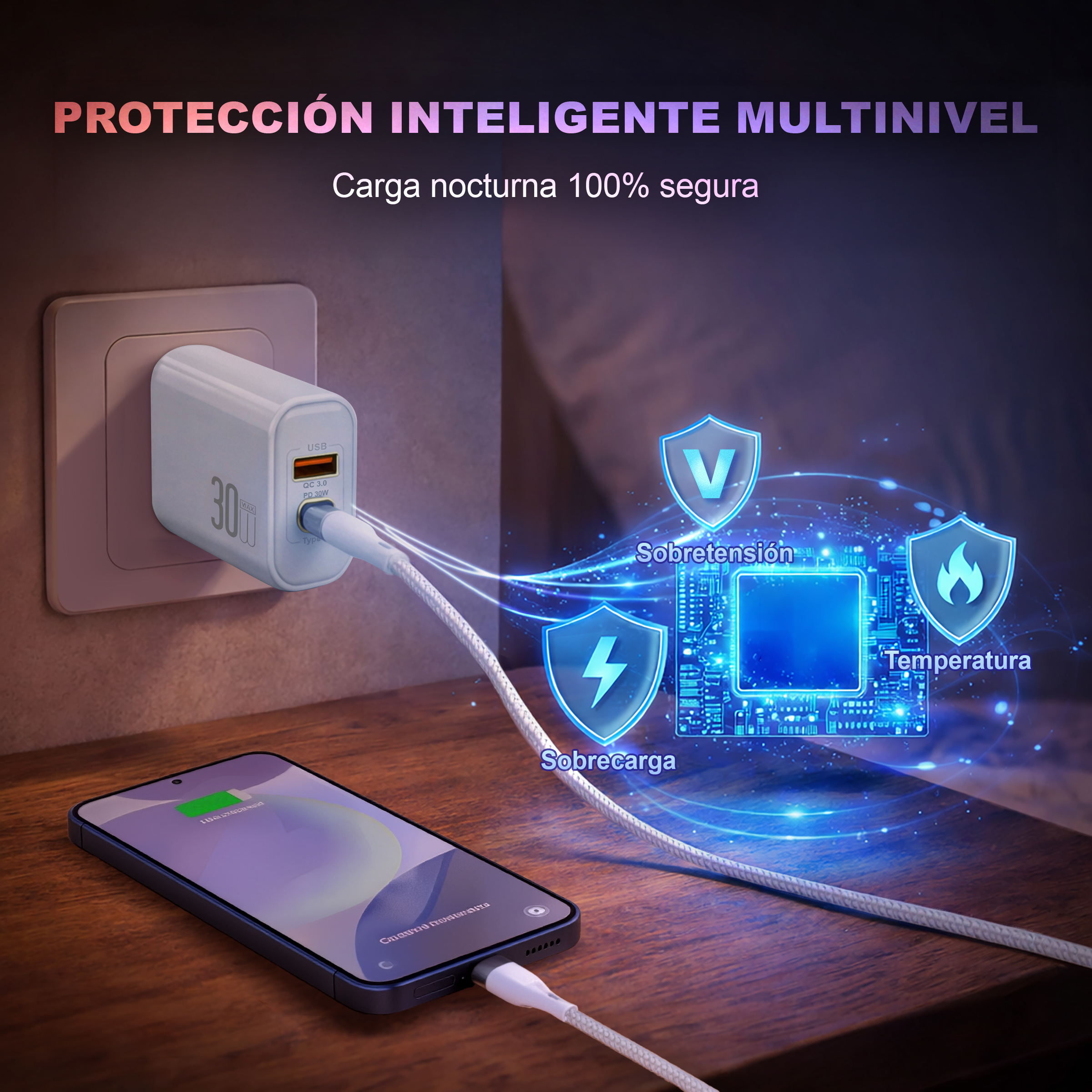 Un cargador blanco de 30W y un smartphone cargando. Iconos de protección.