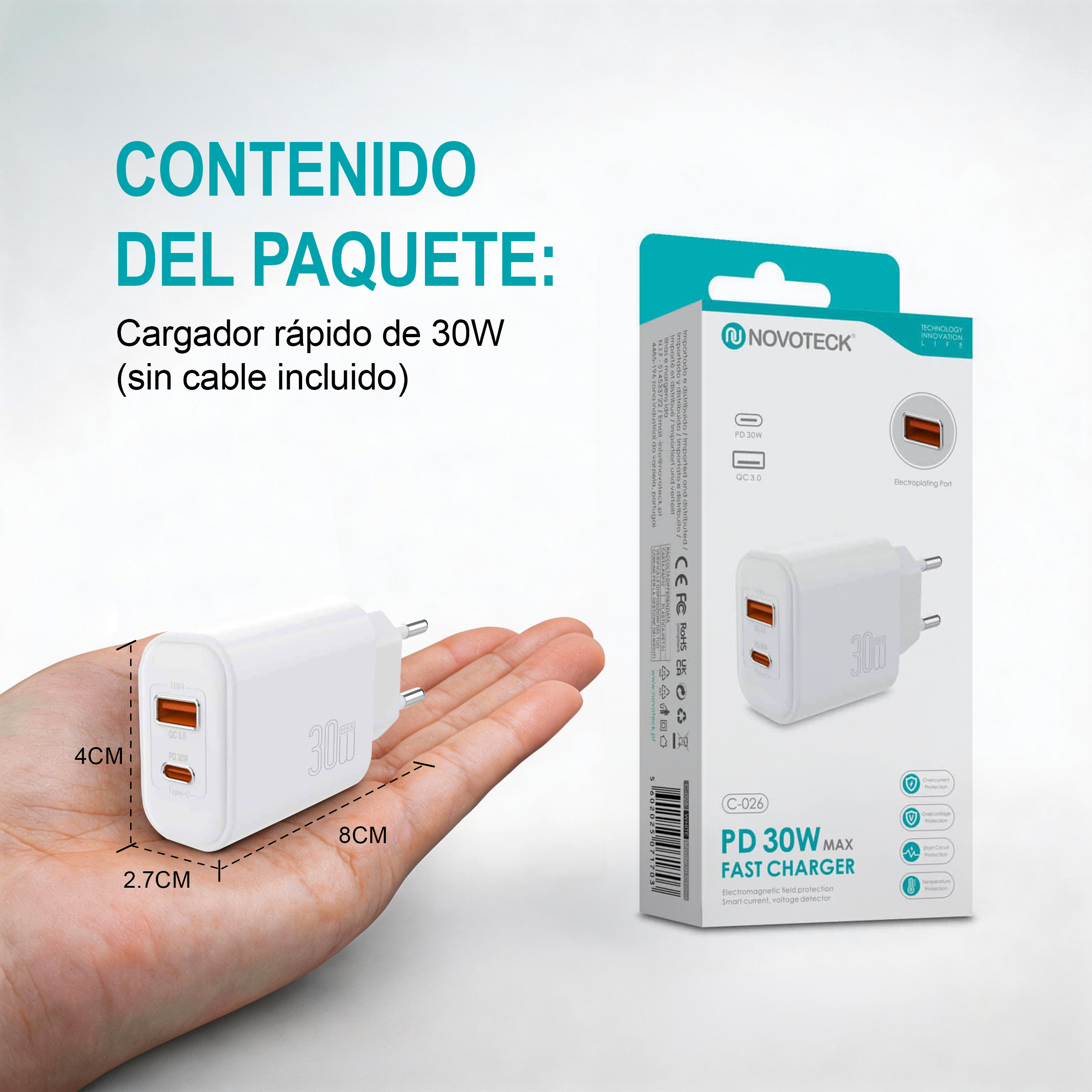 Un cargador blanco de 30W con puertos USB-A y USB-C se sujeta en una mano.