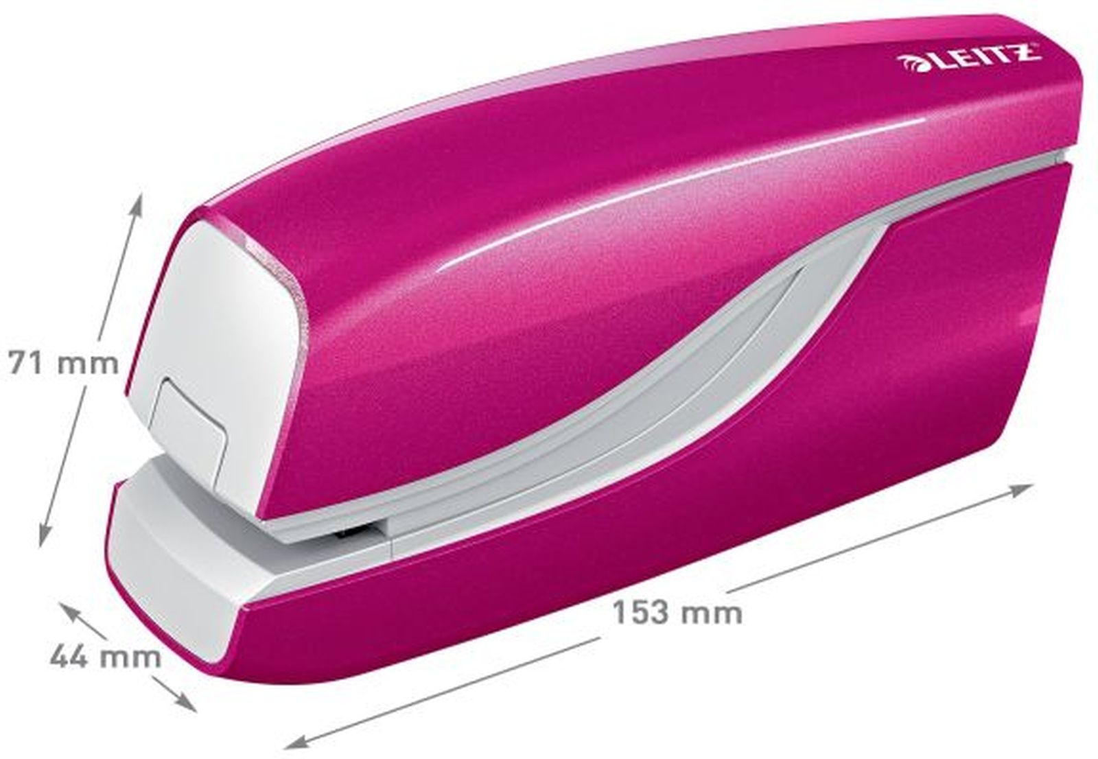 Ein pinker Leitz-Tacker mit Maßen: 153 mm lang, 71 mm hoch, 44 mm breit.