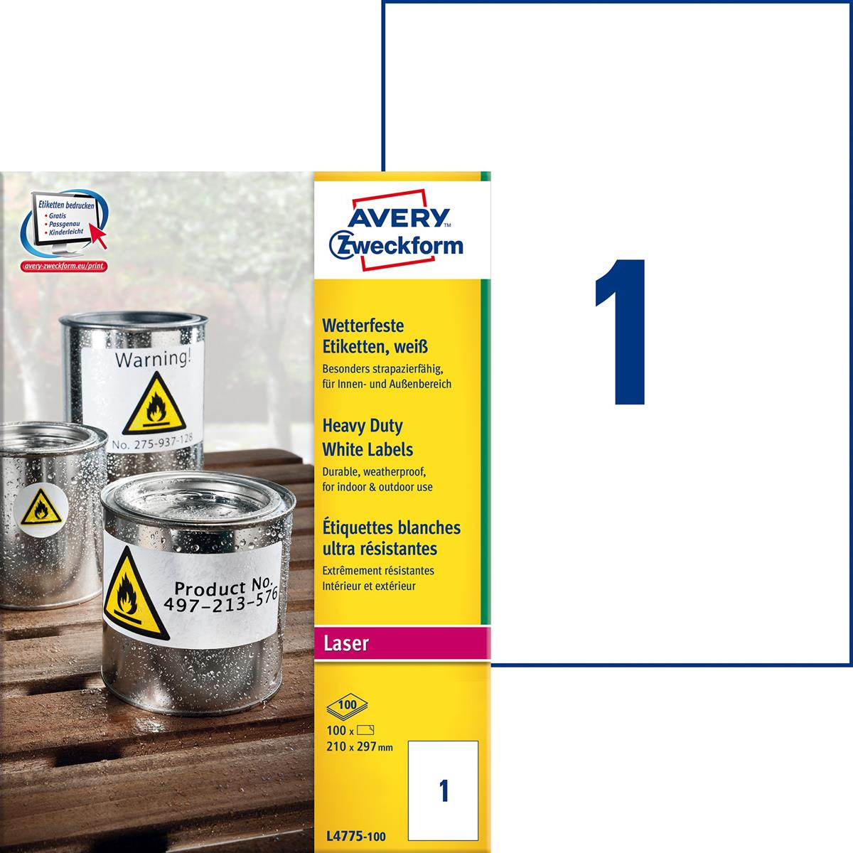 Avery Zweckform wetterfeste Etiketten auf Dosen mit Warnsymbol.