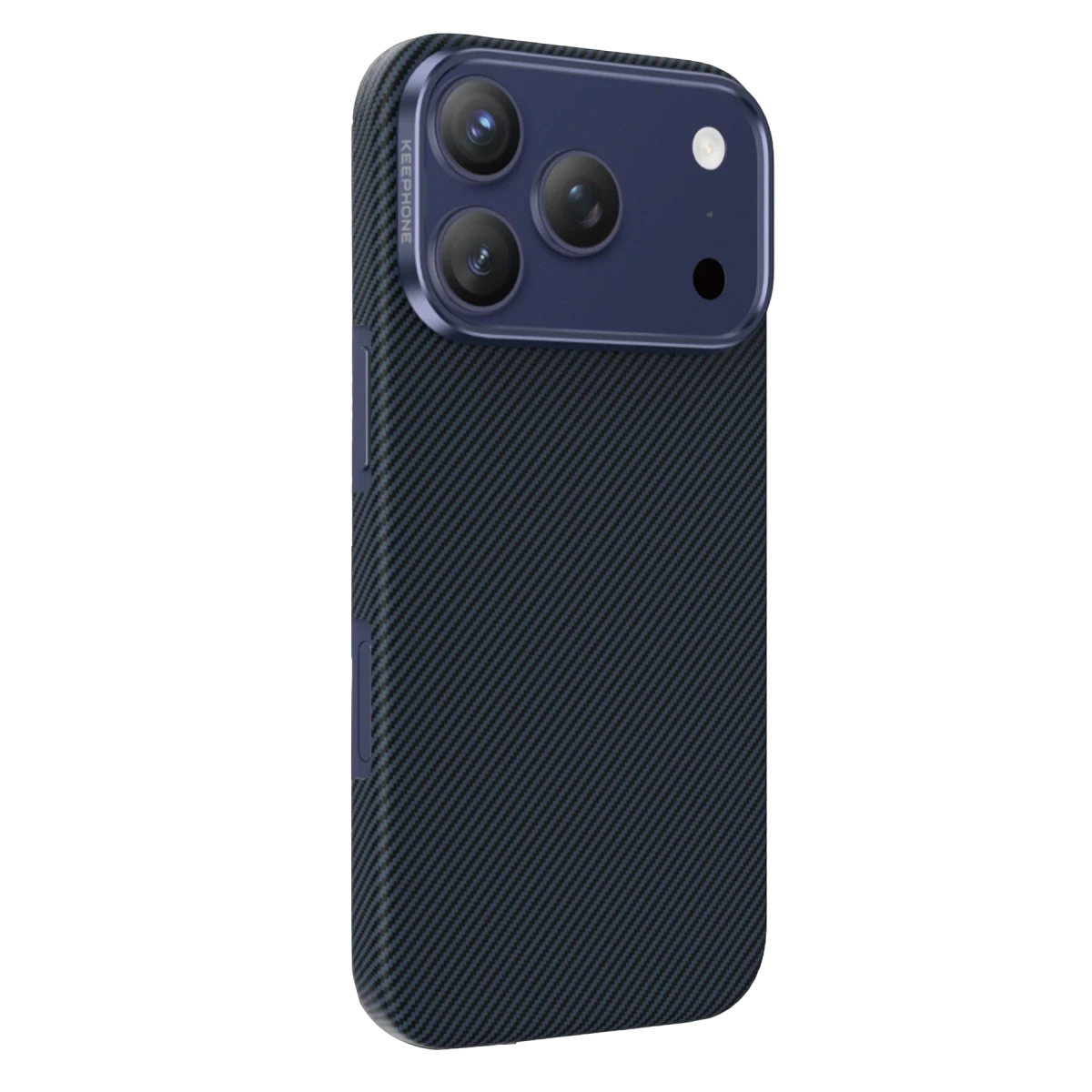 Karbon fiber dokulu, üç kameralı koyu gri telefon kılıfı.