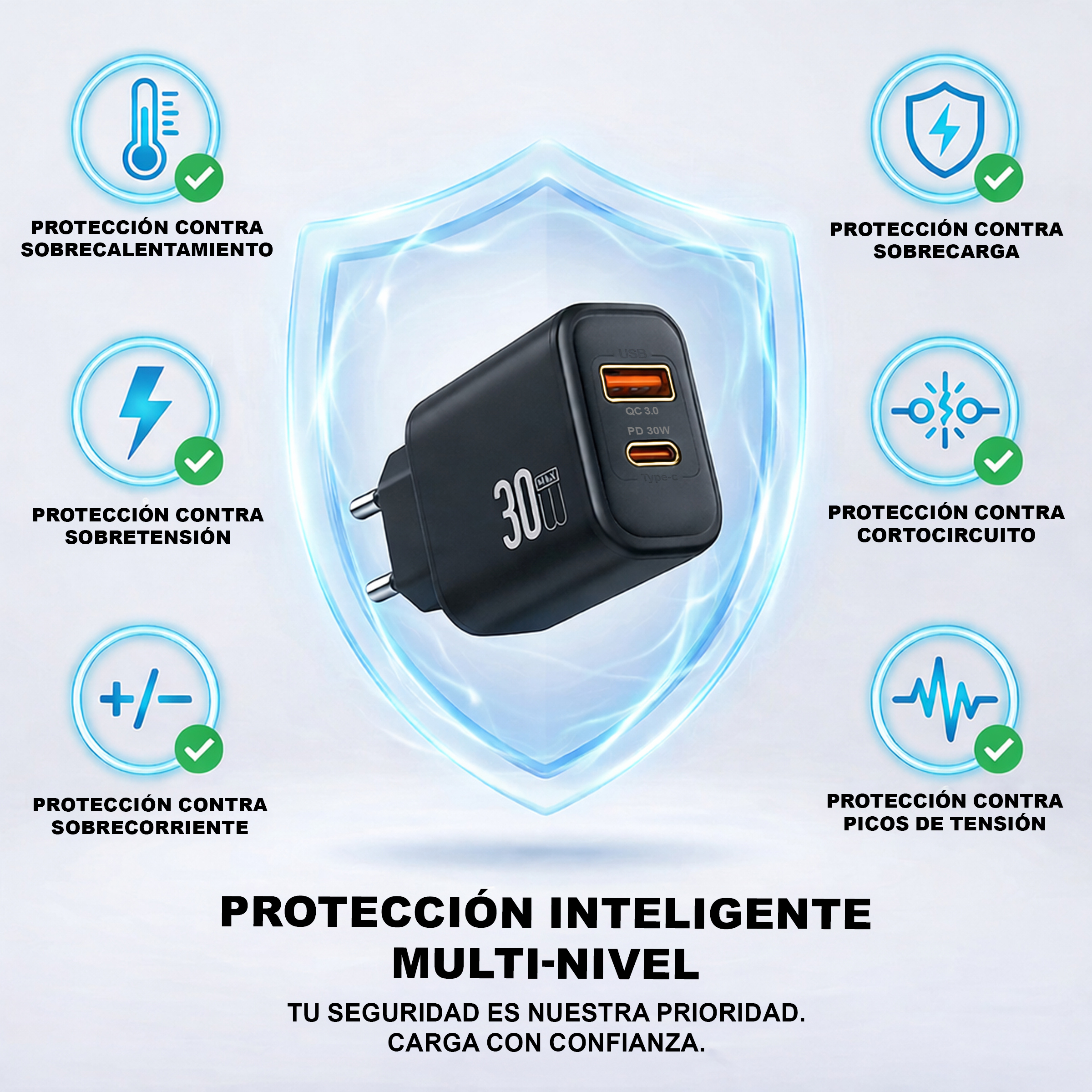 Cargador USB-C negro de 30W con múltiples protecciones, mostrado con iconos.