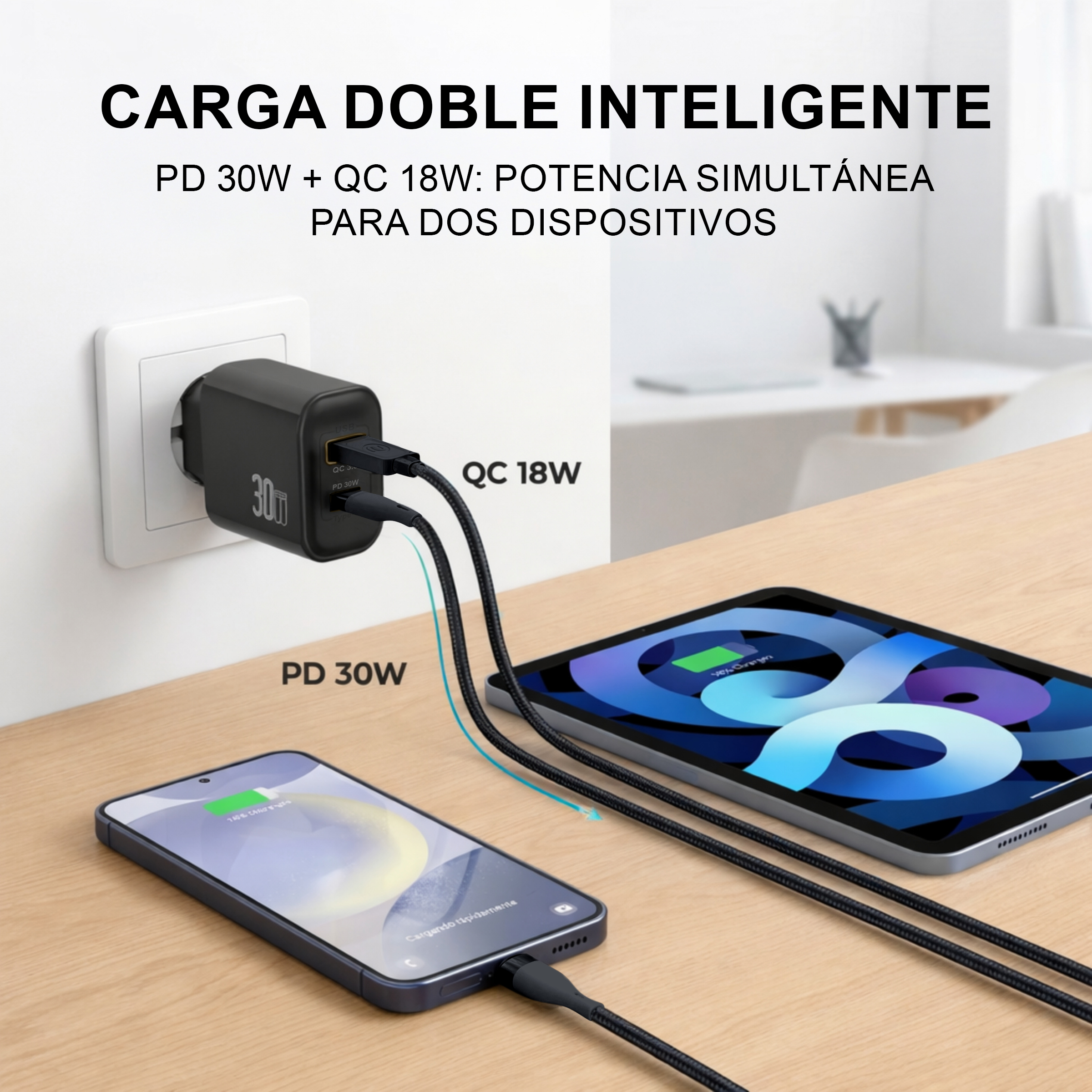 Un cargador negro con dos cables, cargando un smartphone y una tablet.